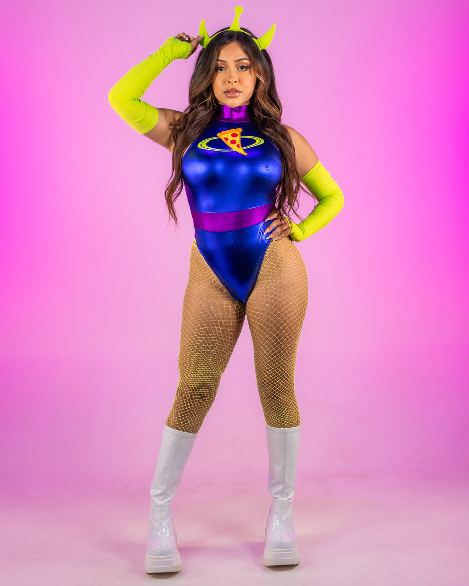 Planet Of Pizza character costume: blue-purple bodysuit, neon gloves, fishnet tights, boots