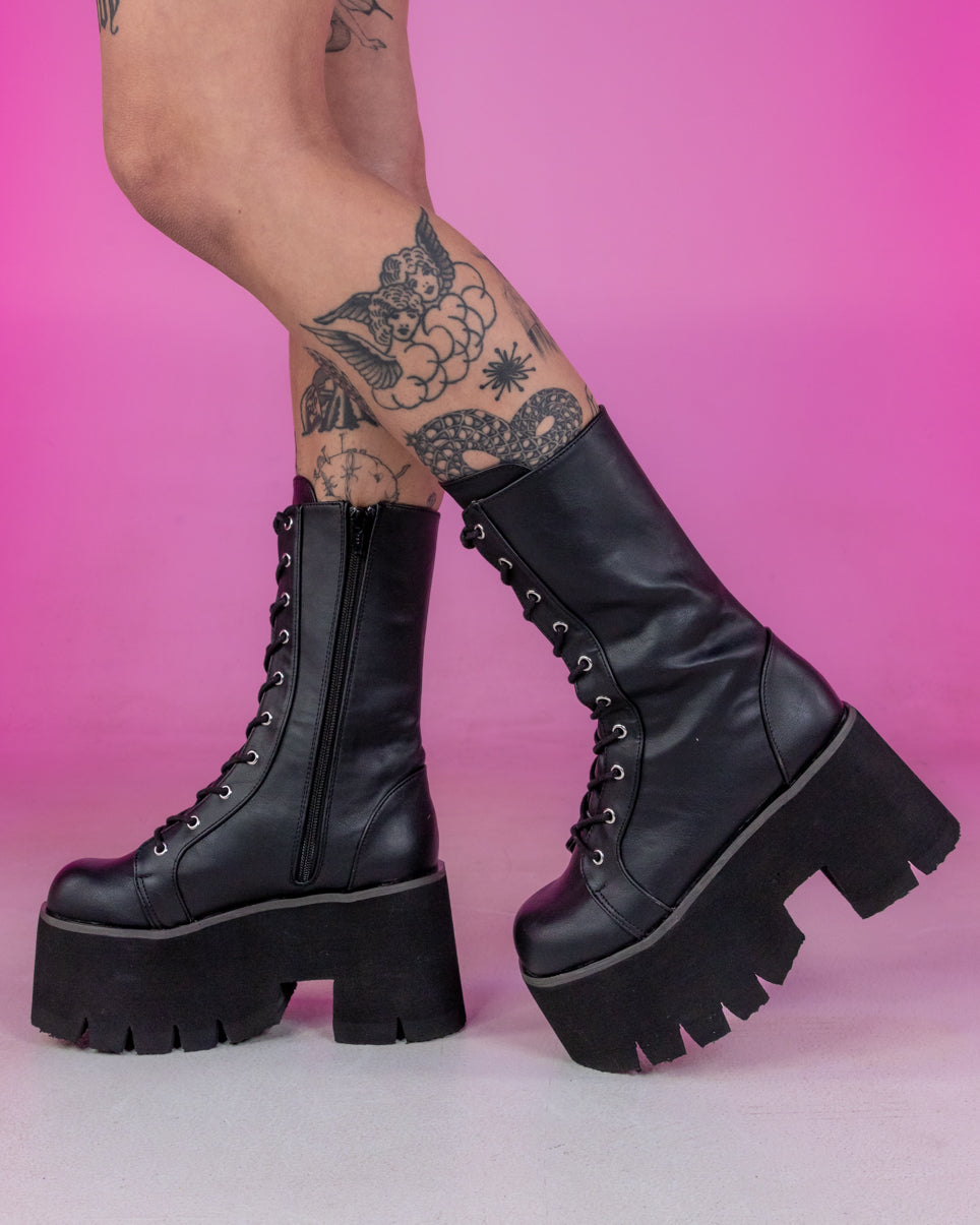Demonia Ashes Black Lace-Up Mid-Calf Platform Boot Style – Rave