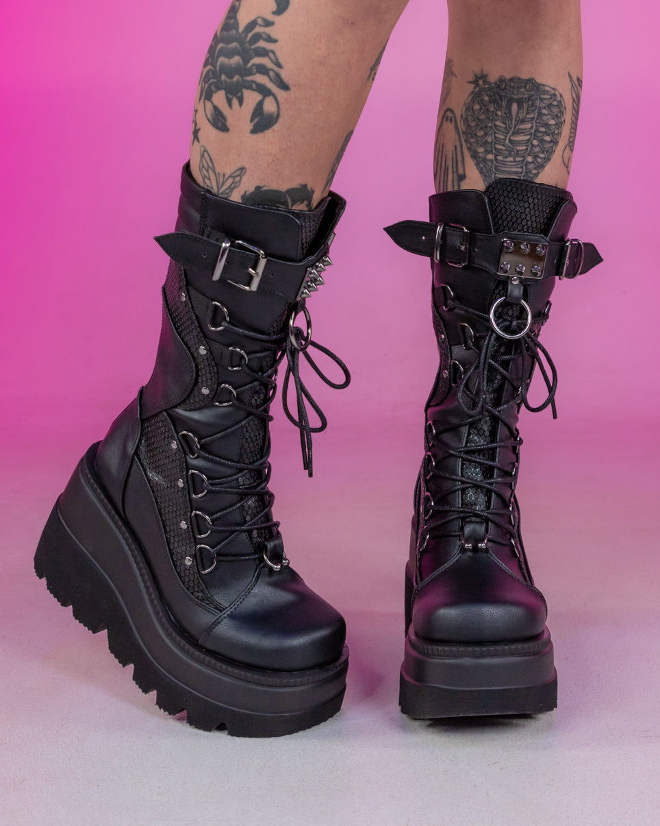 Demonia Shaker Black Lace-Up Mid-Calf Platform Boot – Rave Wonderland