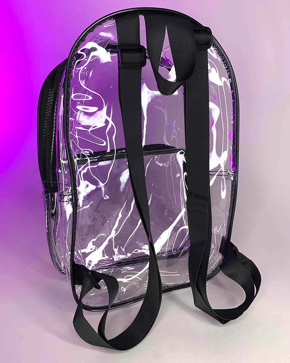 Clear backpack with black shoulder straps, front zip pocket, and adjustable chest strap