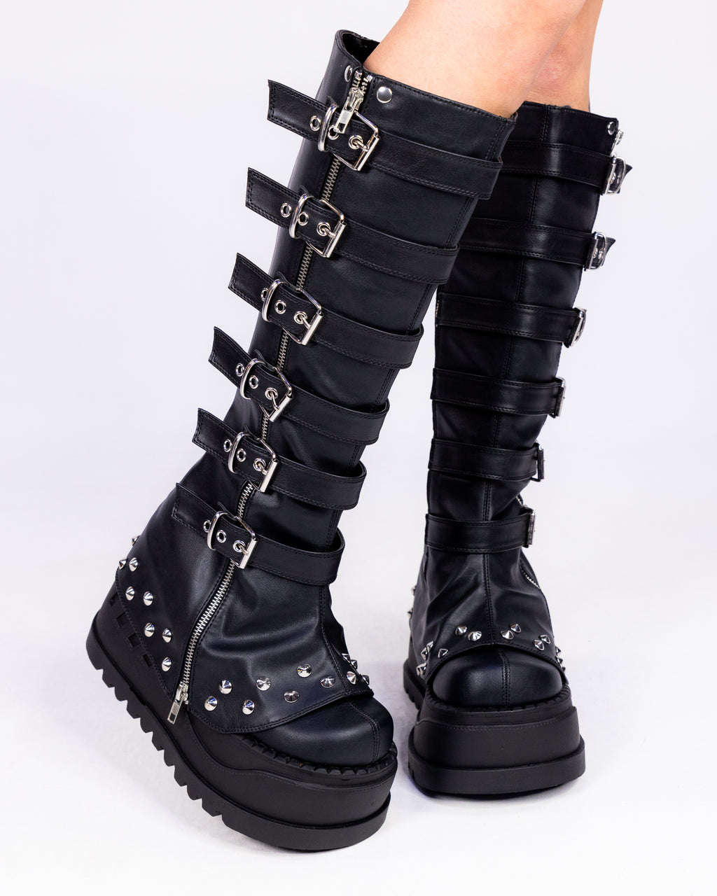 Demonia Buckled Stomp Women's Black Knee High Boots – Rave Wonderland