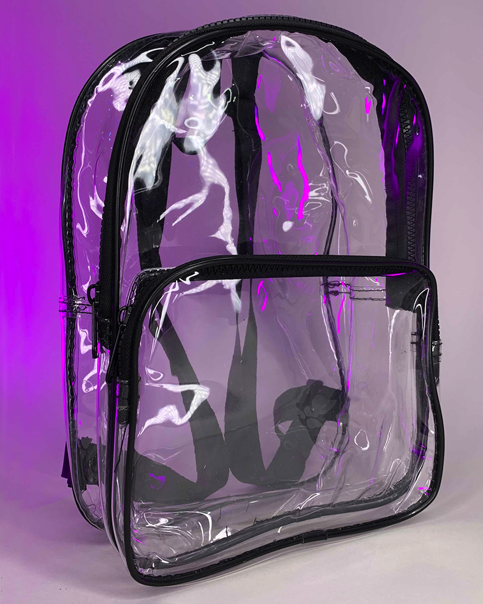 Clear backpack with black zipper, front see-through pocket, padded shoulder straps