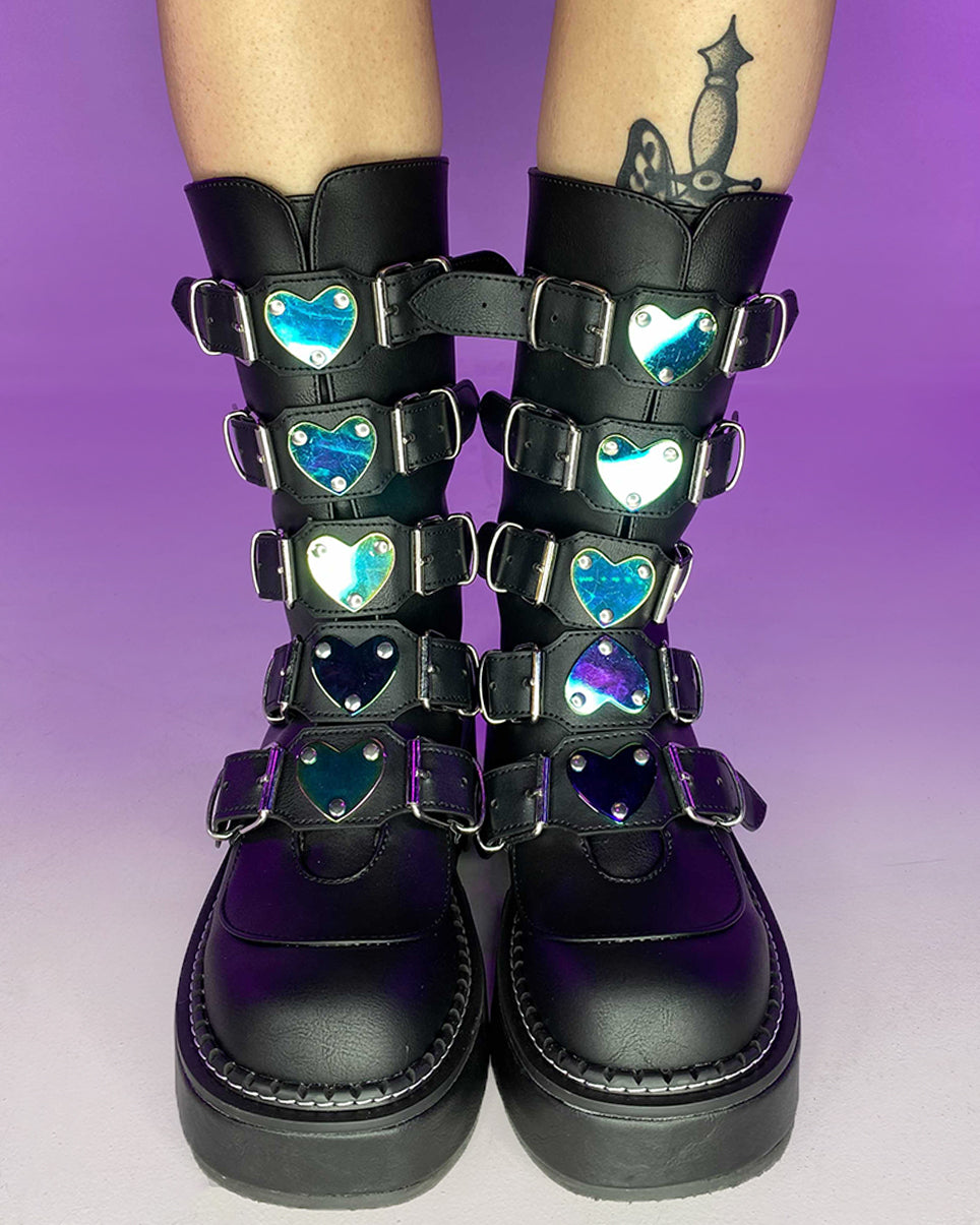Demonia Emily Vegan Leather Heart-Buckle Boot - Rave Wonderland