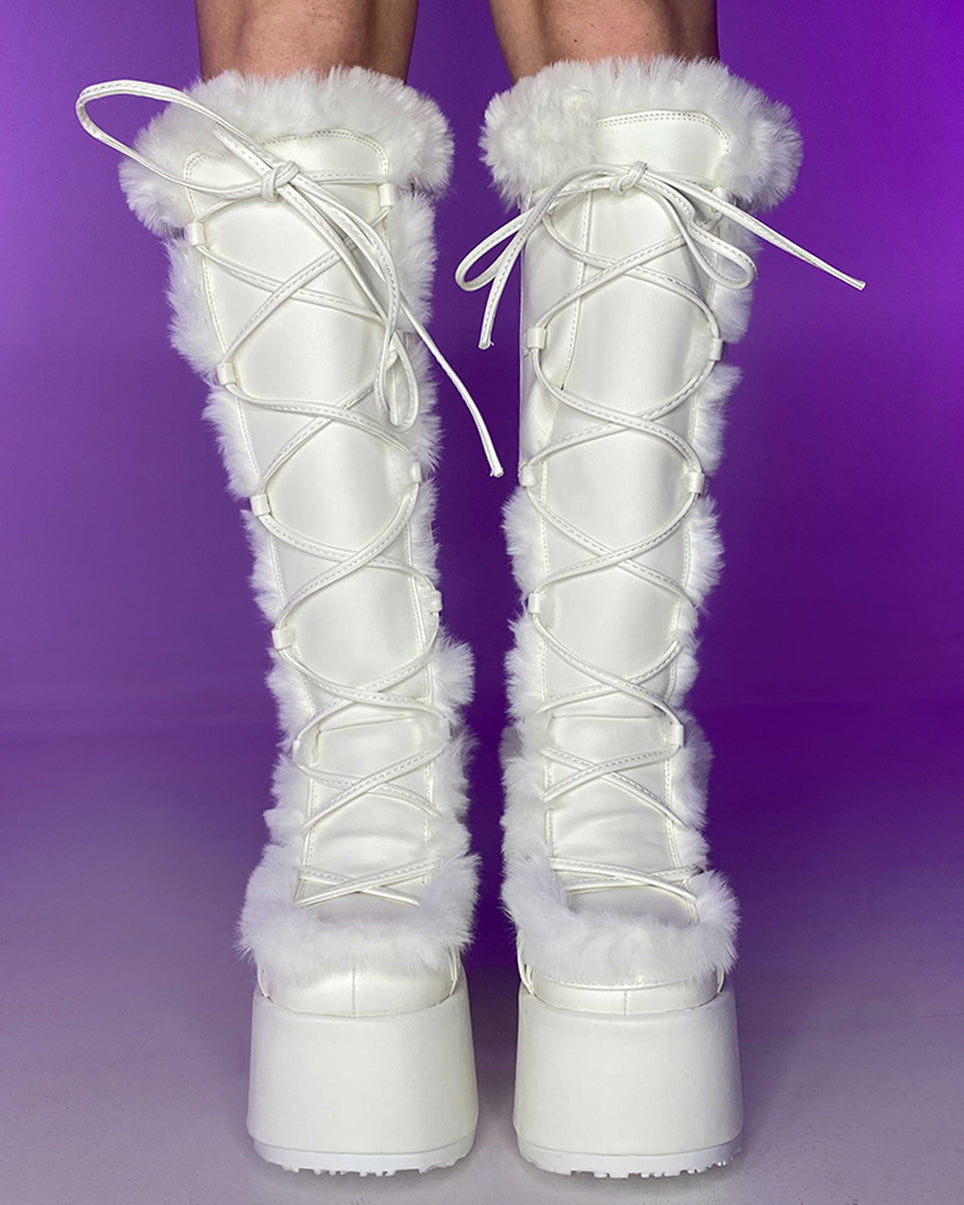 Demonia White Furry Winter Faux Fur Boots - Rave Wonderland