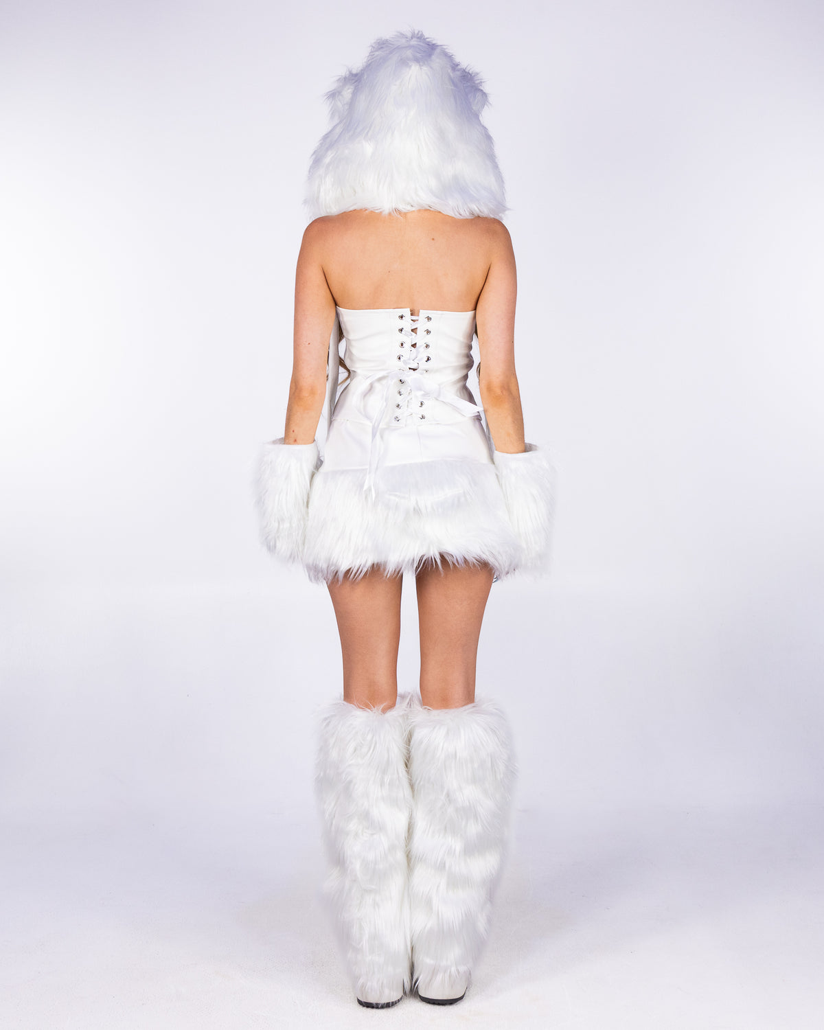 Arctic Bear 5pc white polar bear costume, back view showing lace-up top