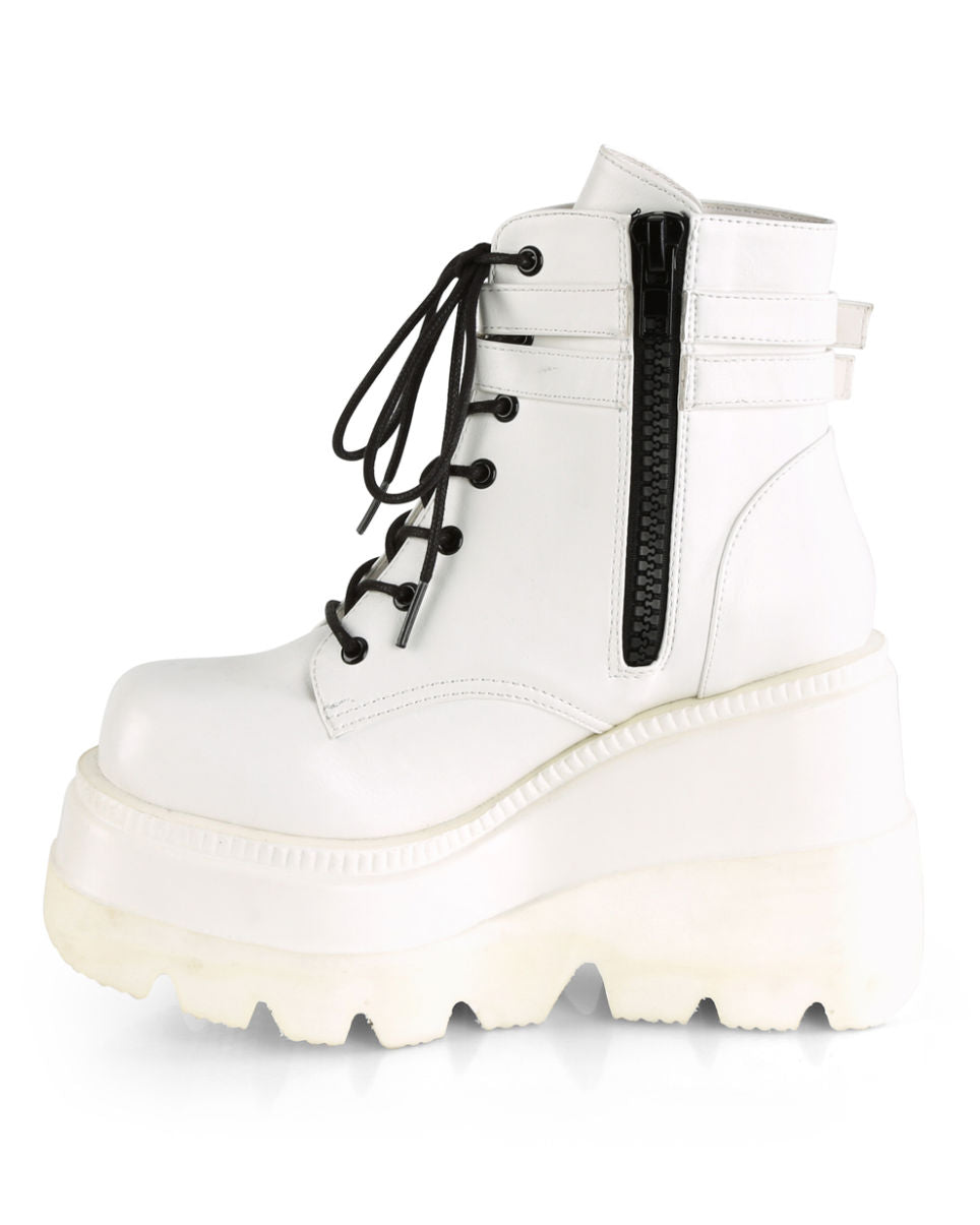 Demonia White Stacked Wedge Platform Ankle Boots - Rave Wonderland