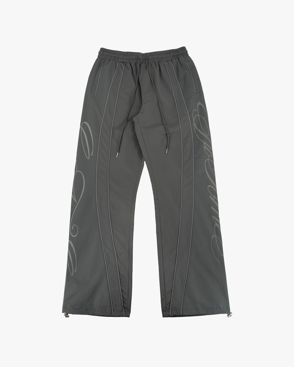 Charcoal Monogram Men's Pants, gray wide-leg with drawstring waist and script monogram, flat lay