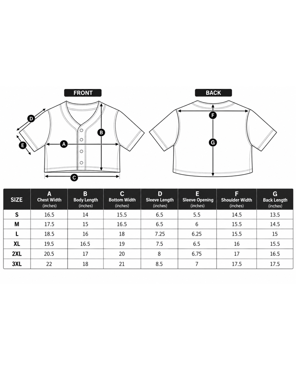 Feral Feline Cropped Jersey size chart, inches (chest / body length / bottom width / sleeve / sleeve opening / shoulder / back length): S 16.5/14/15.5/6.5/5.5/14.5/13.5; M 17.5/15/16.5/6.5/6/15.5/14.5; L 18.5/16/18/7.25/6.25/15.5/15; XL 19.5/16.5/19/7.5/6.5/16/15.5; 2XL 20.5/17/20/8/6.75/17/16.5; 3XL 22/18/21/8.5/7/17.5/17.5