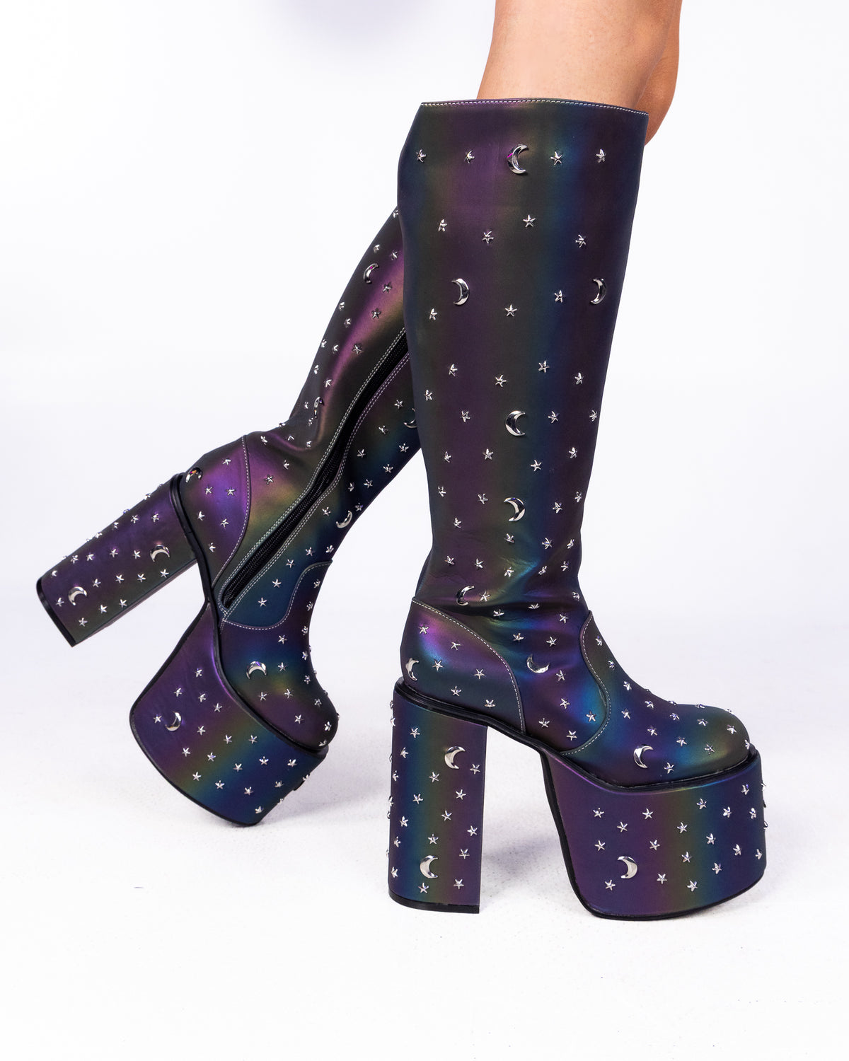 Milky Way reflective chunky platform knee-high boots, side view showing platform and block heel