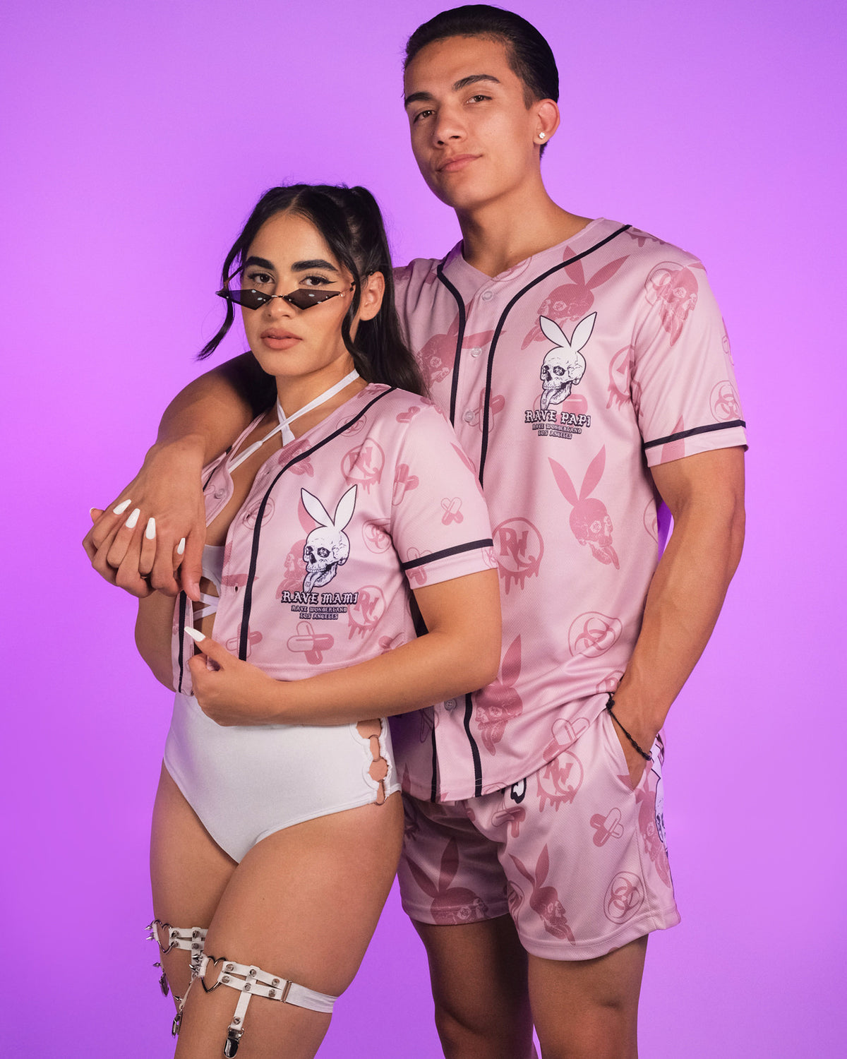 Pink cropped jersey with bunny print and black-trim front, paired wear