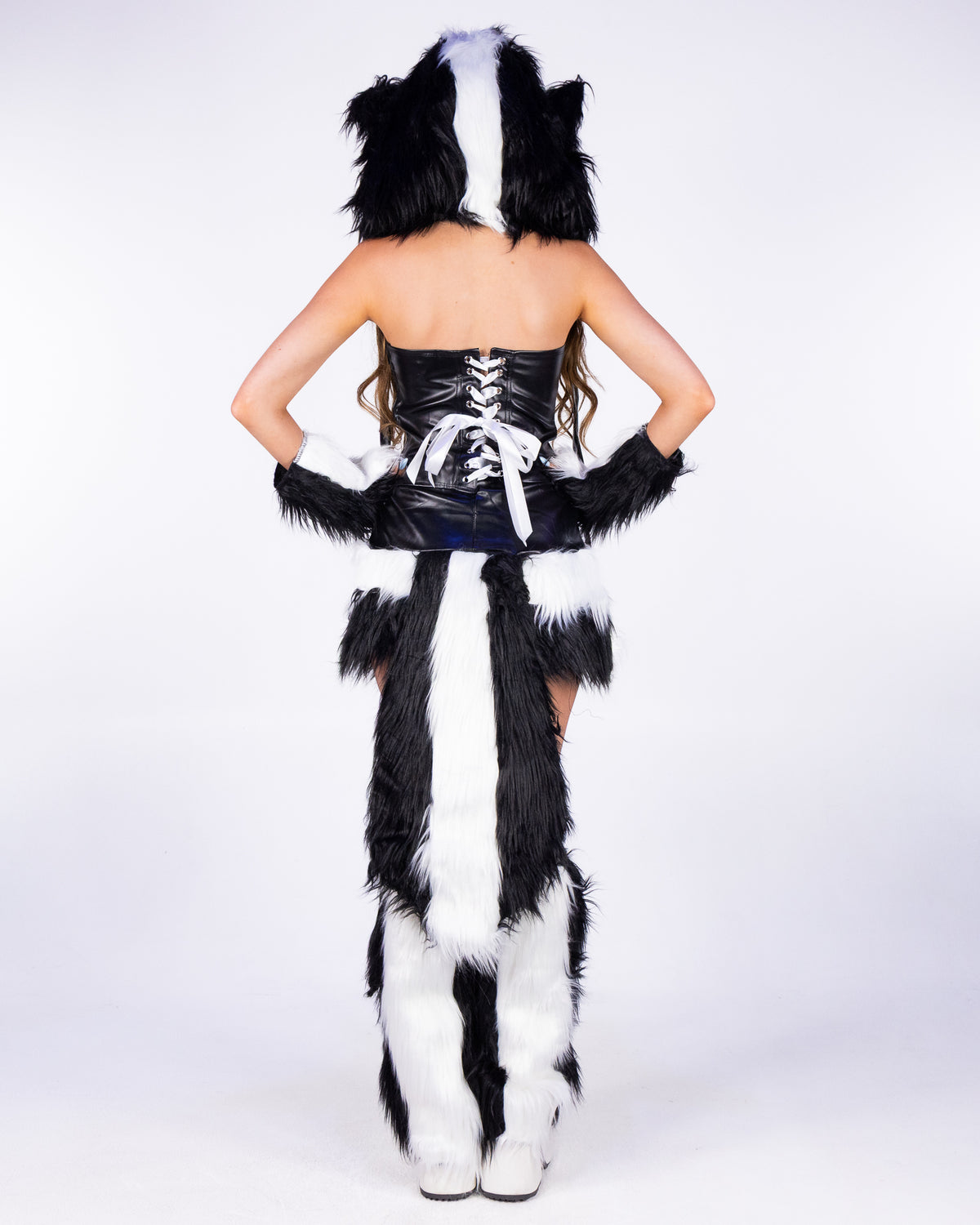 Silly Skunk 5pc black and white costume, back view showing lace-up corset and tail