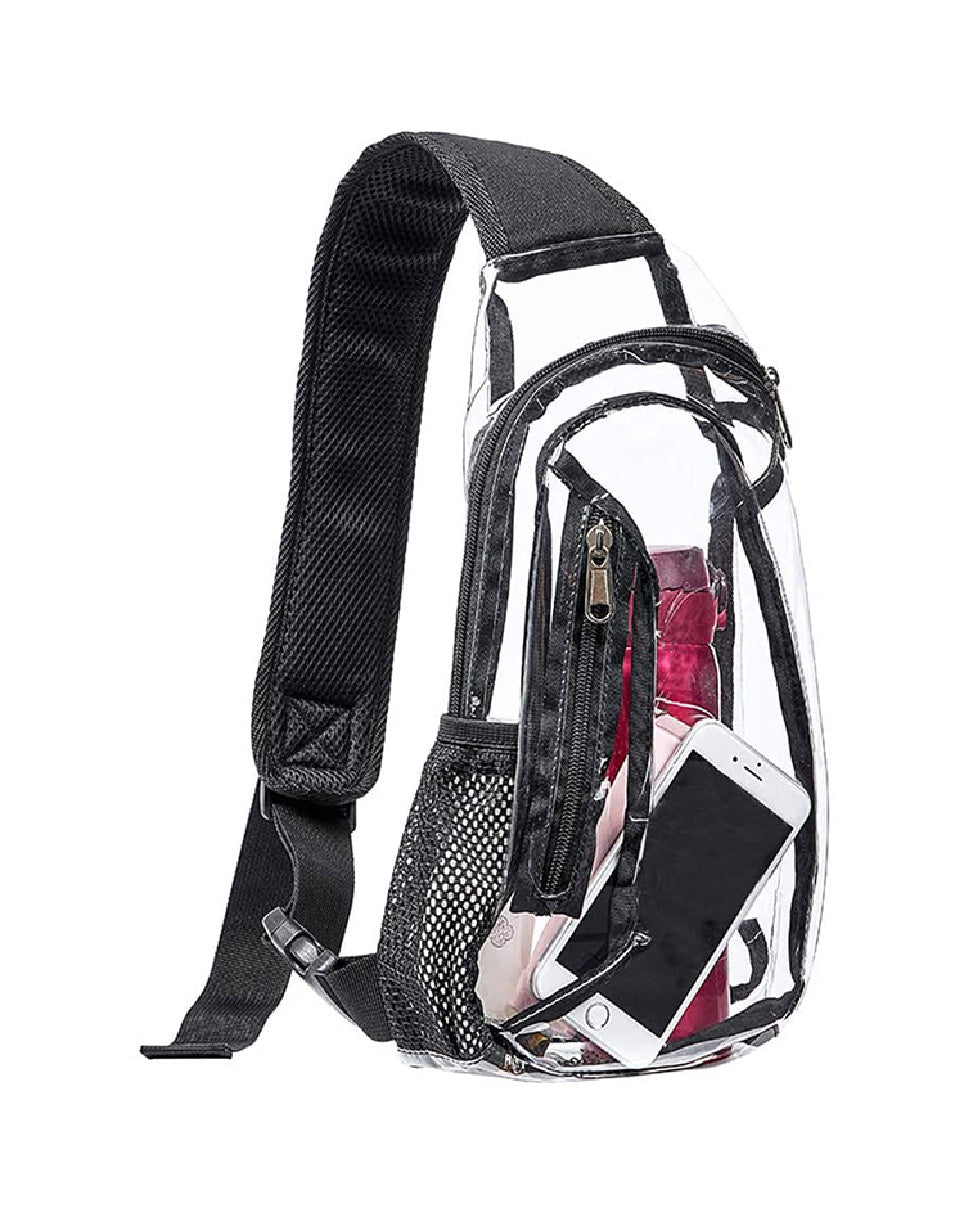 Clear cross-body shoulder bag with black webbing strap and clear front pocket