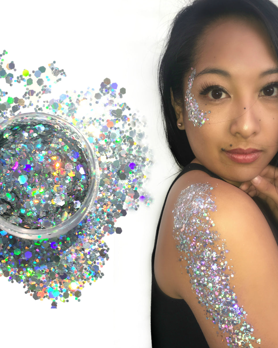 Silver Chunk Body and Face Festival Glitter (Large 15 Grams) - rave wear, rave outfits, edc, booty shorts
