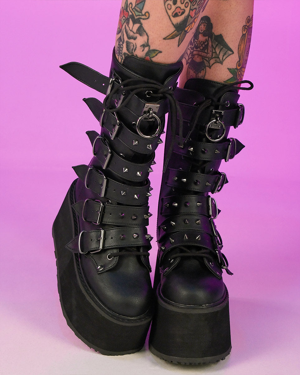 Demonia Matte Black Studded Mid-Calf Platform Boots Online – Rave