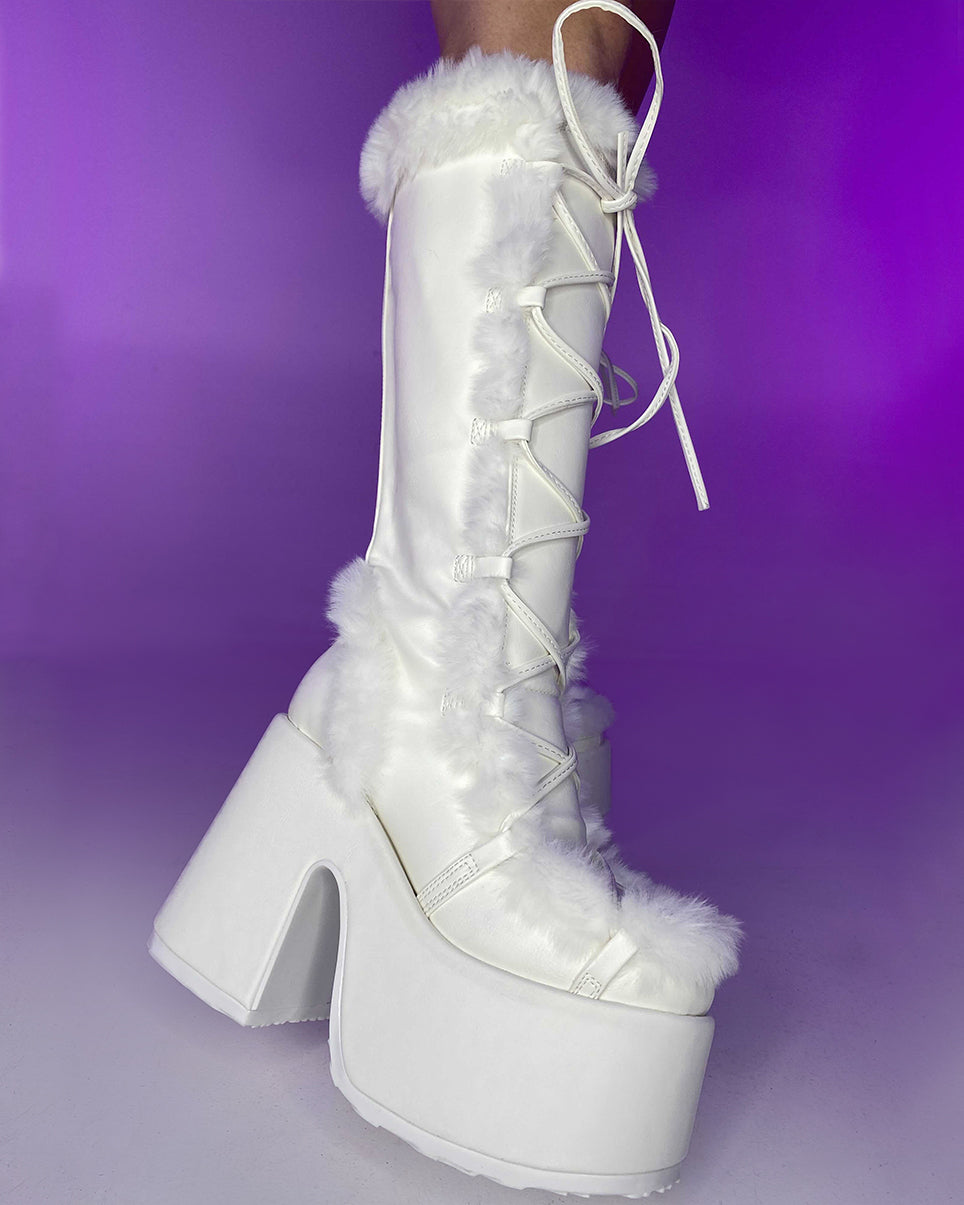 Demonia White Furry Winter Faux Fur Boots - Rave Wonderland