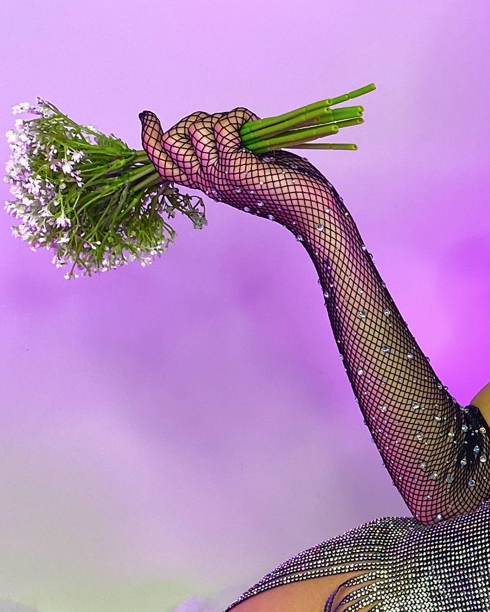 Black Rhinestone Fishnet Long Gloves - Rave Wonderland