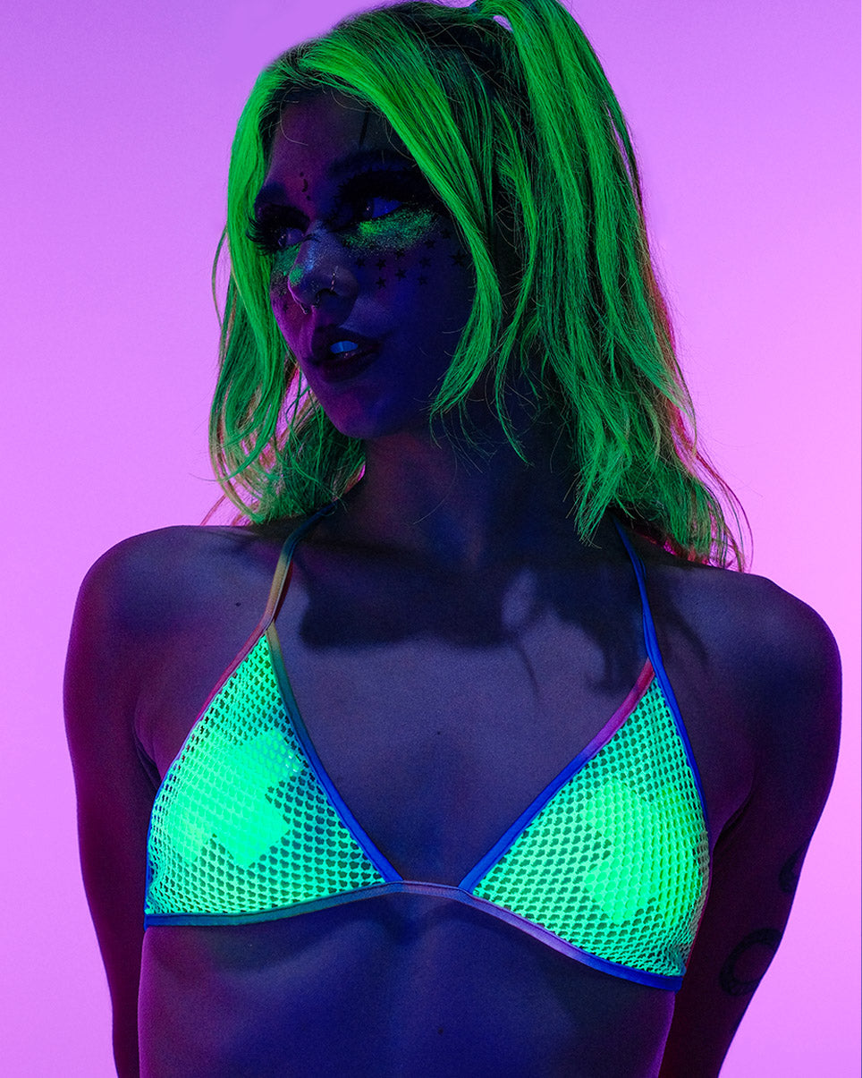 Tie Dye Fishnet Bikini Top Green