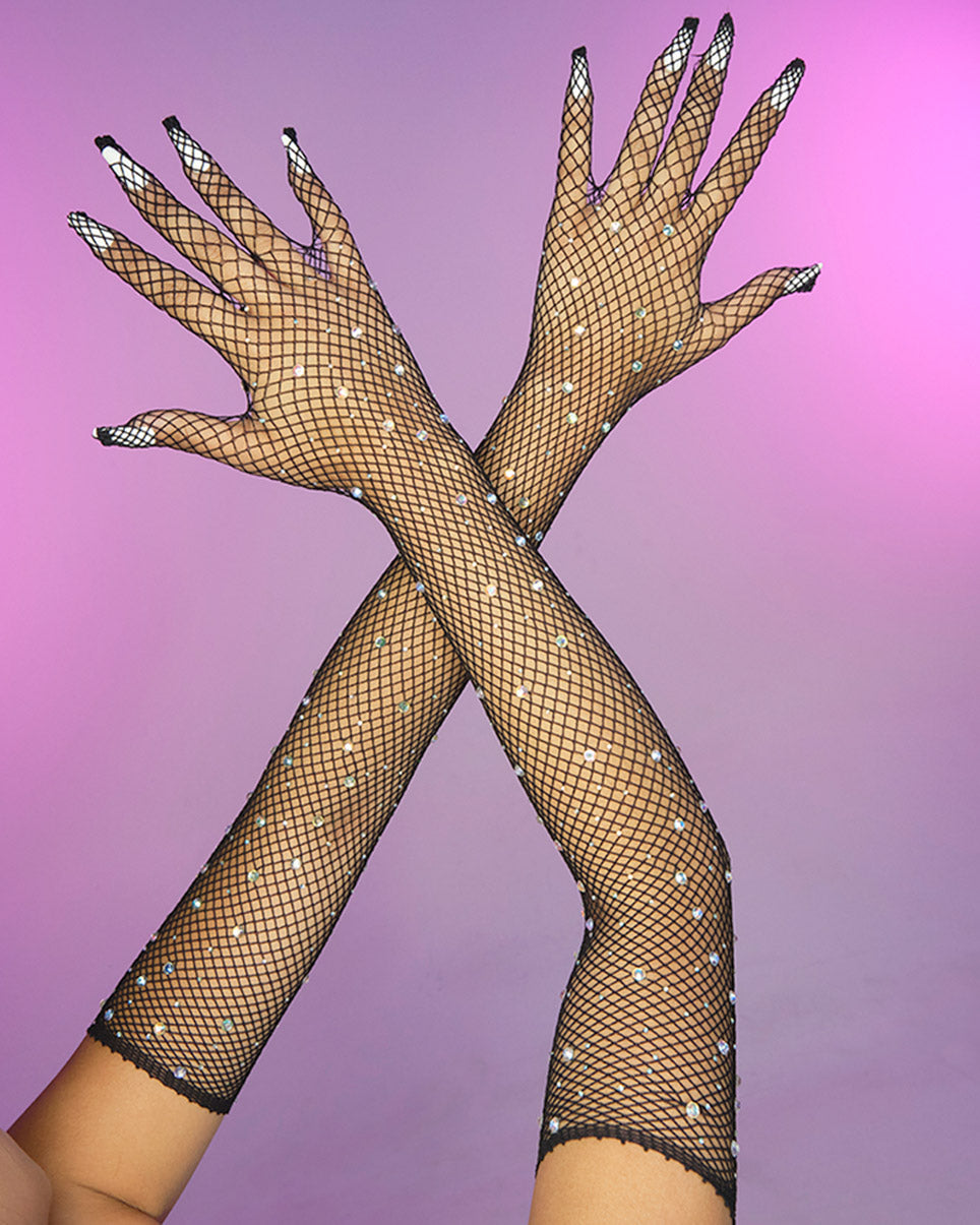 Black Rhinestone Fishnet Long Gloves - Rave Wonderland