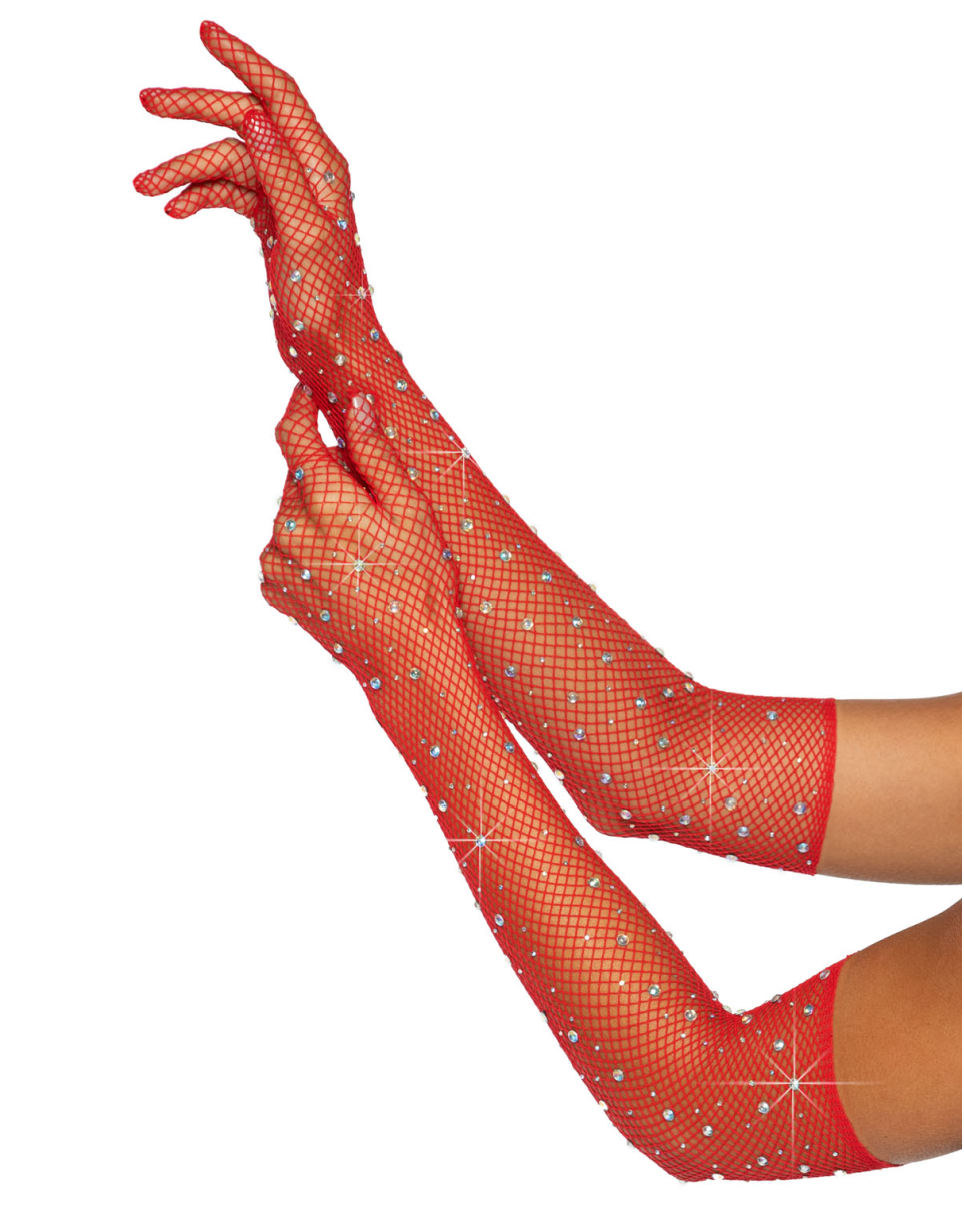 Red Rhinestone Fishnet Long Gloves - Rave Wonderland