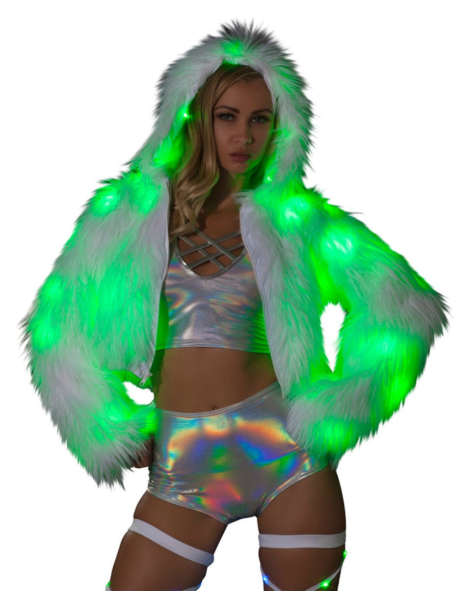 White Furry Green LED Cropped Hooded Rave Jacket -  rave wear, rave outfits, edc, booty shorts