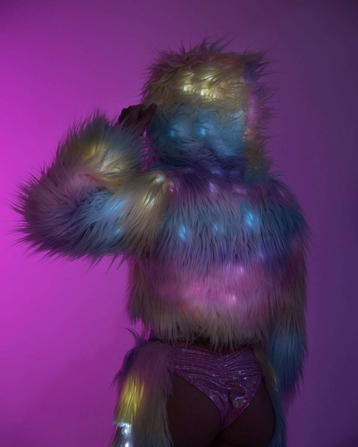 Pastel Rainbow Light Up LED Faux Fur Cropped Jacket