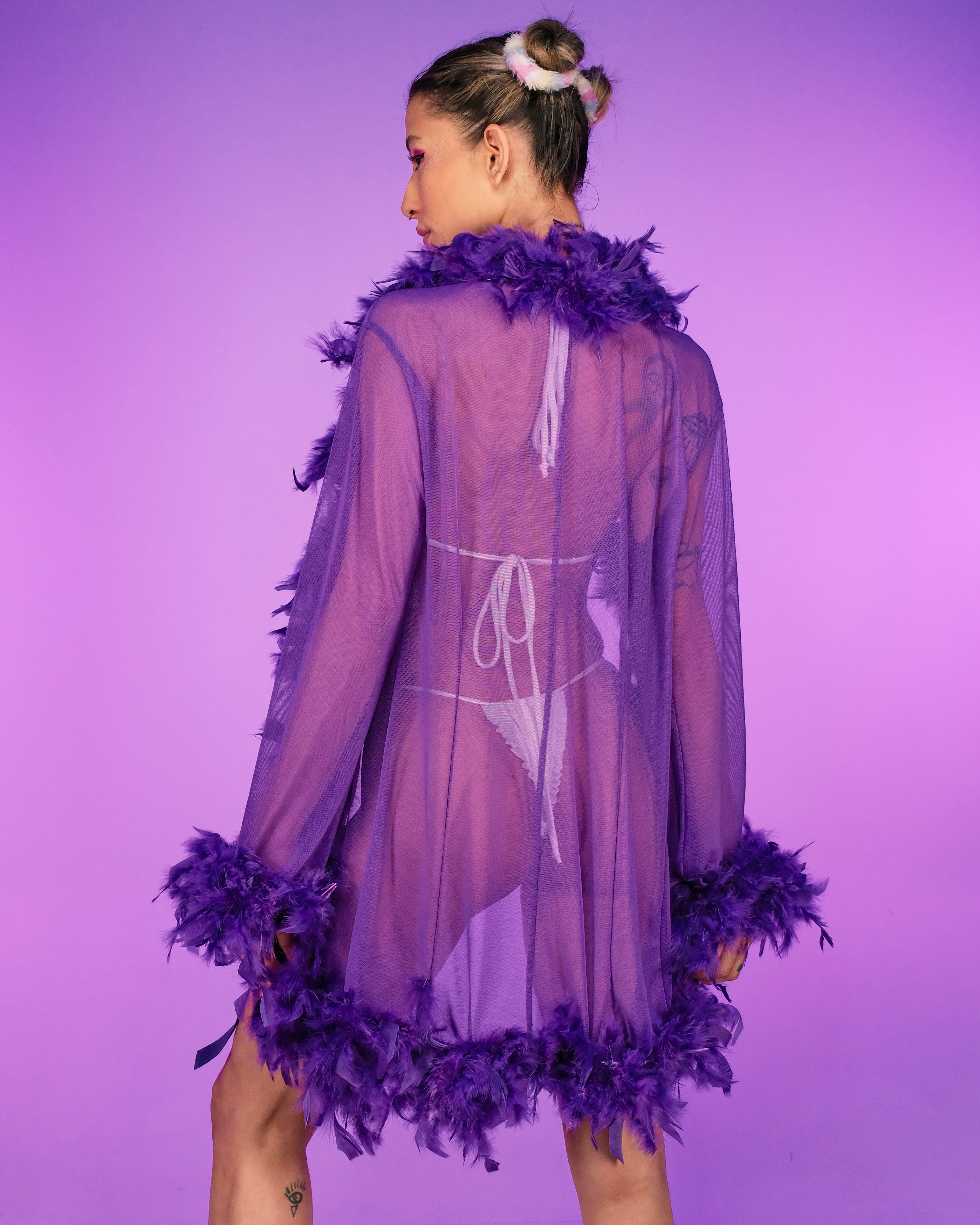 Lady Love Sheer Short Robe With Boa Feather Trim - Rave Wonderland