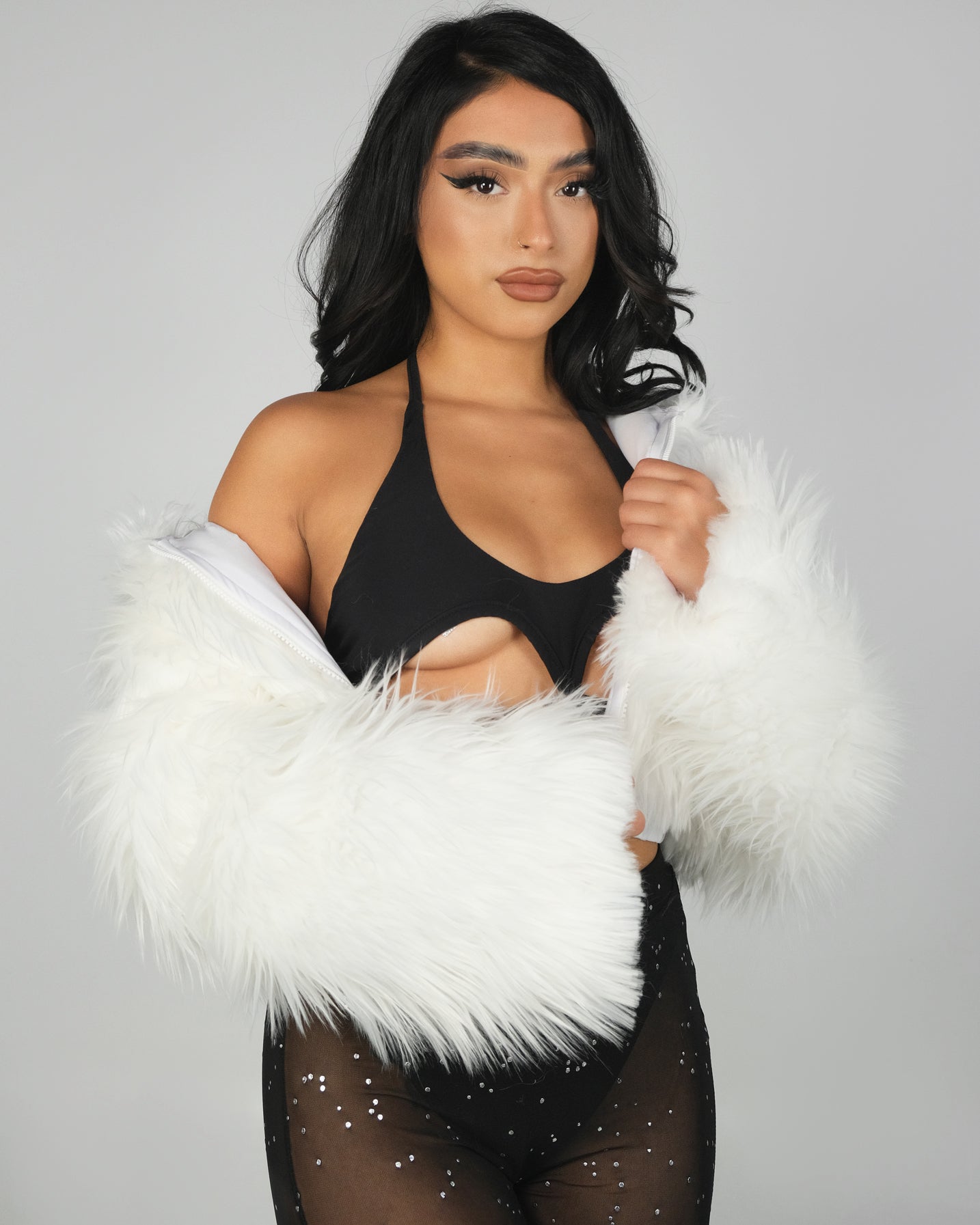 White LED White Furry Cropped Hooded Jacket - Rave Wonderland