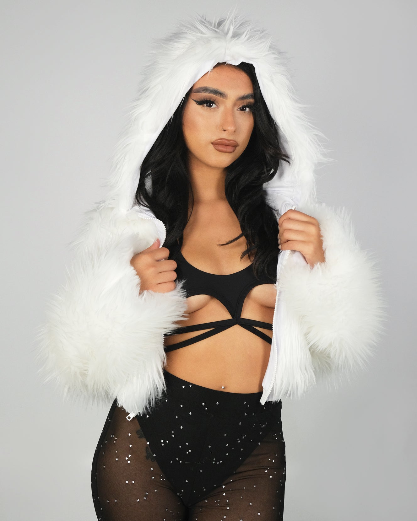 White LED White Furry Cropped Hooded Jacket - Rave Wonderland