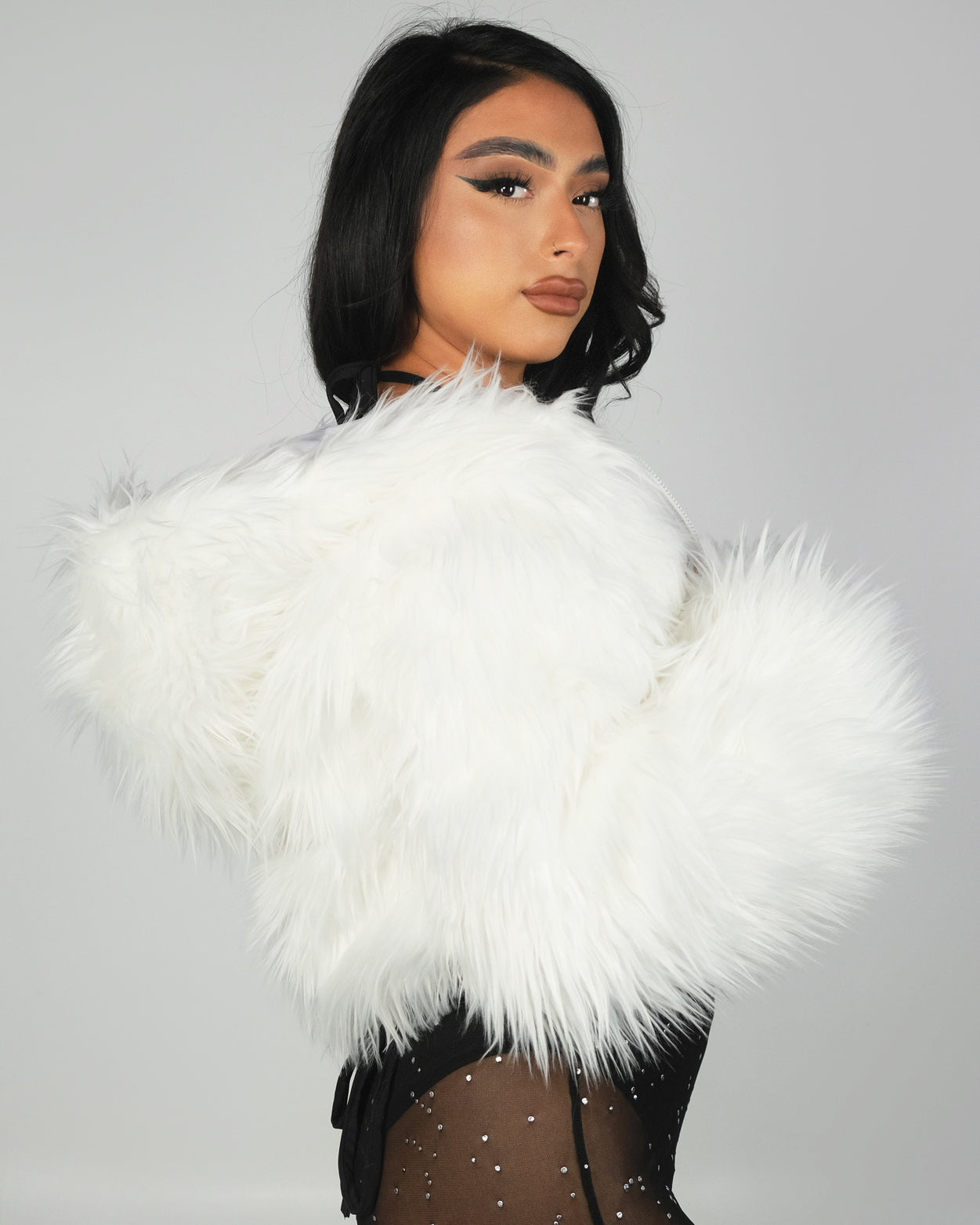 White LED White Furry Cropped Hooded Jacket - Rave Wonderland