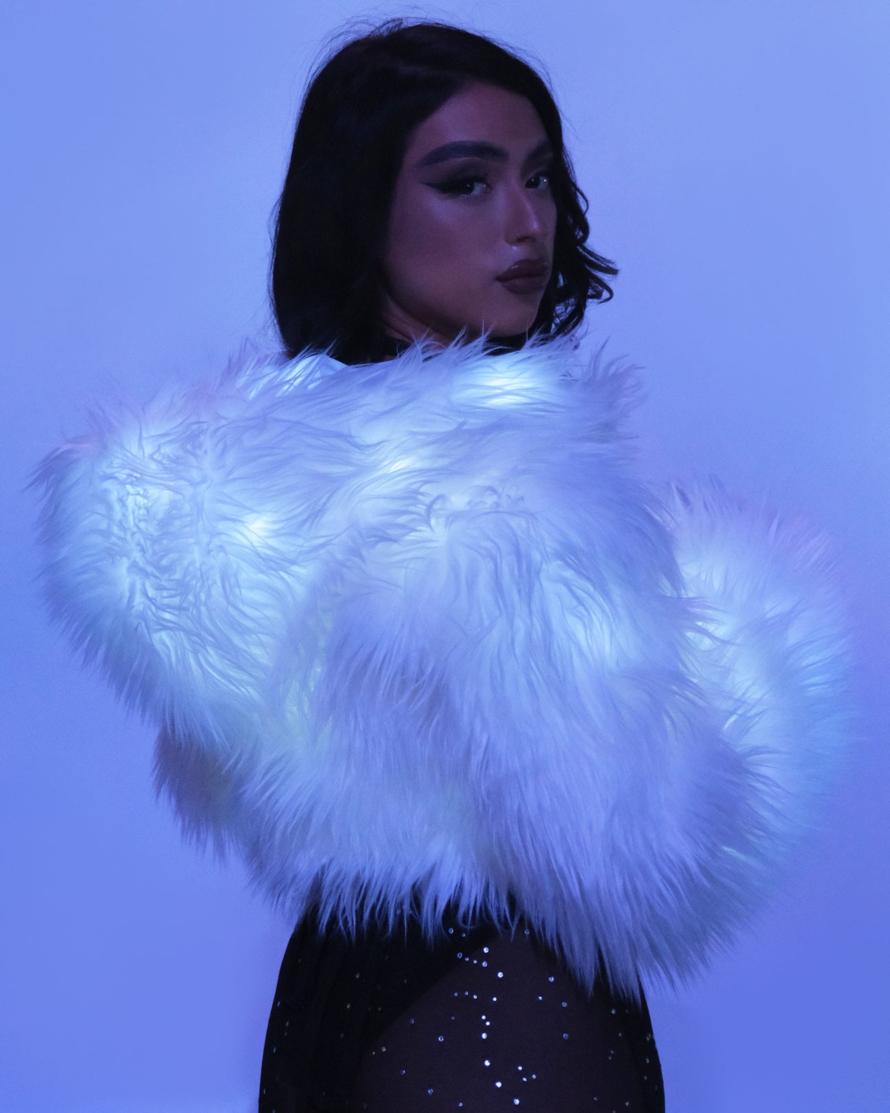 White LED White Furry Cropped Hooded Jacket - Rave Wonderland