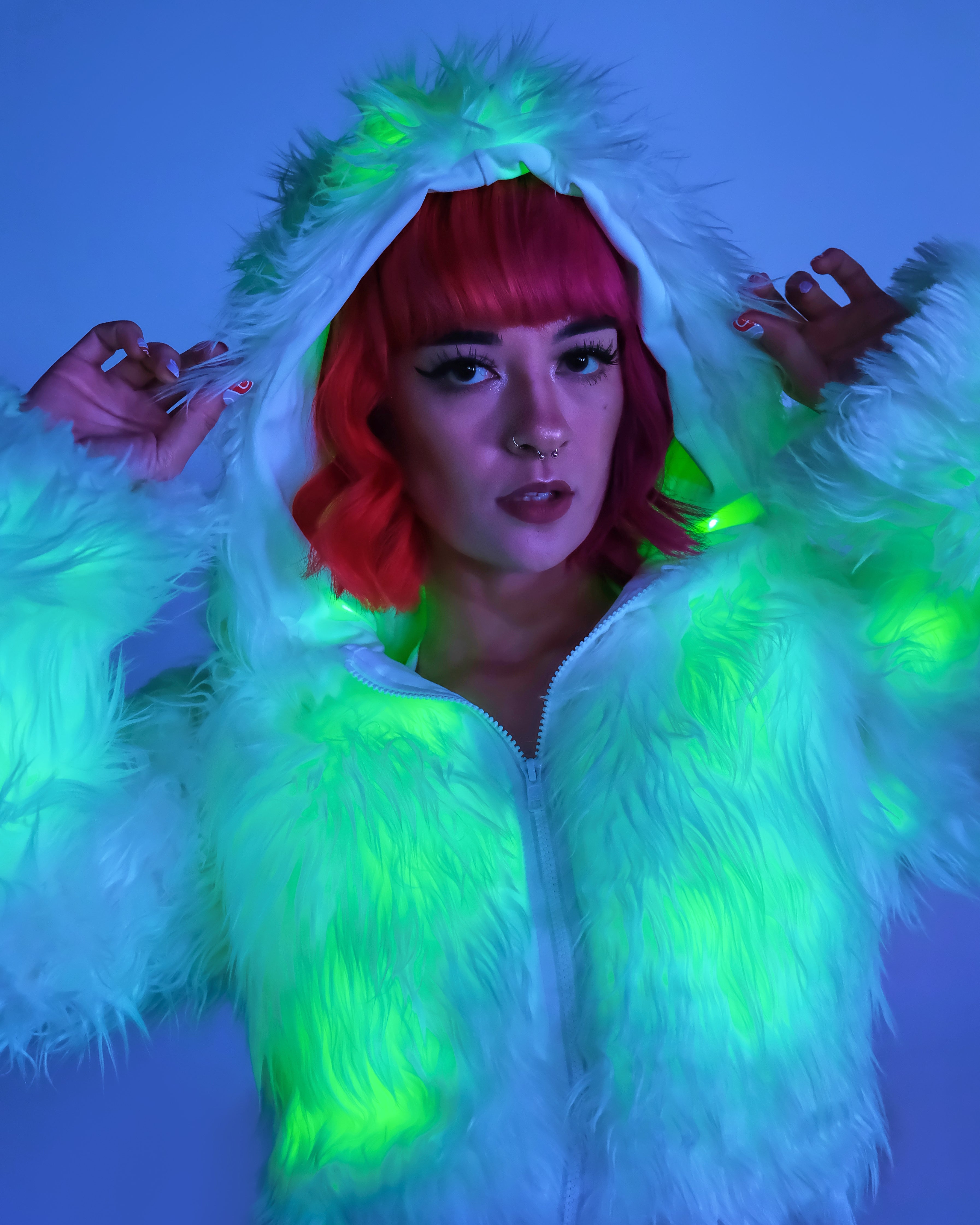 Green LED White Furry Cropped Hooded Jacket - Rave Wonderland