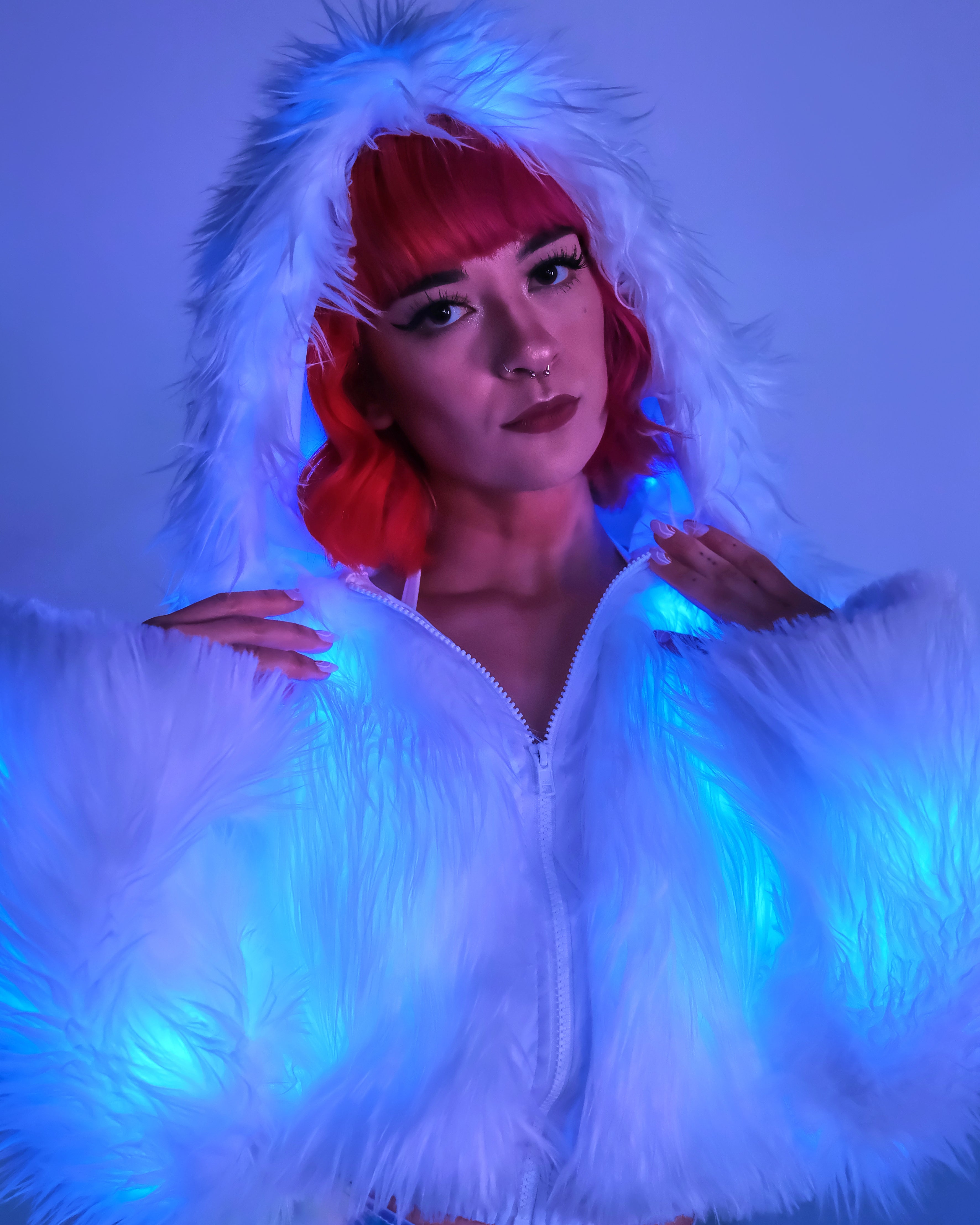 Blue LED White Furry Cropped Hooded Jacket - Rave Wonderland