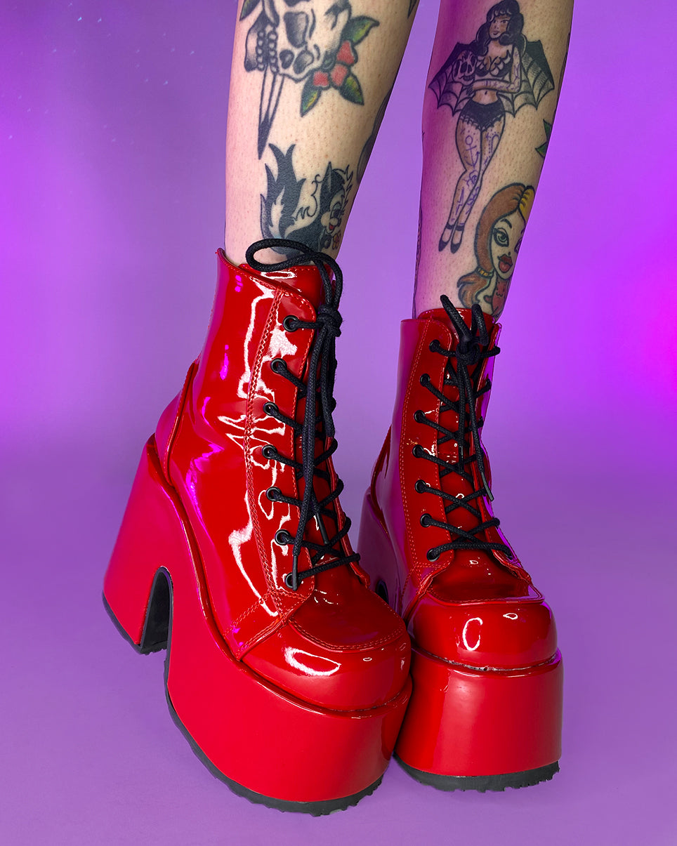 Demonia Red Patent Chunky Lace-Up Boots for Bold Style – Rave