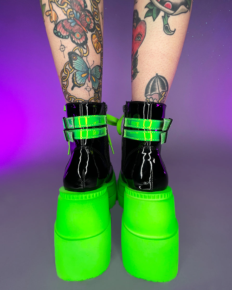 Demonia Neon Green Wedge Platform Lace-Up Front Ankle Boot - Rave Wonderland