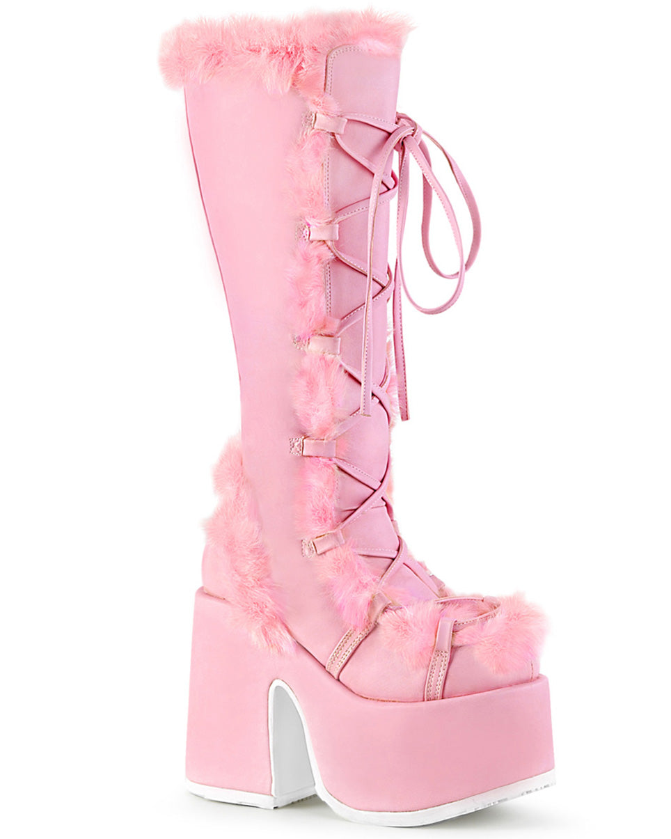 Demonia Pastel Pink Furry Winter Faux Fur Boots