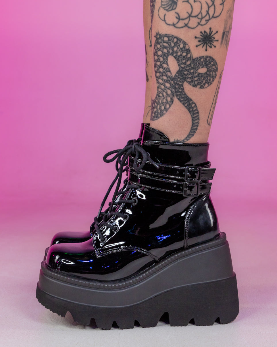 Demonia Black Patent Stacked Platform Ankle Boots