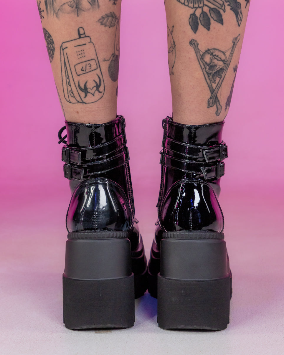 Demonia Black Patent Stacked Platform Ankle Boots