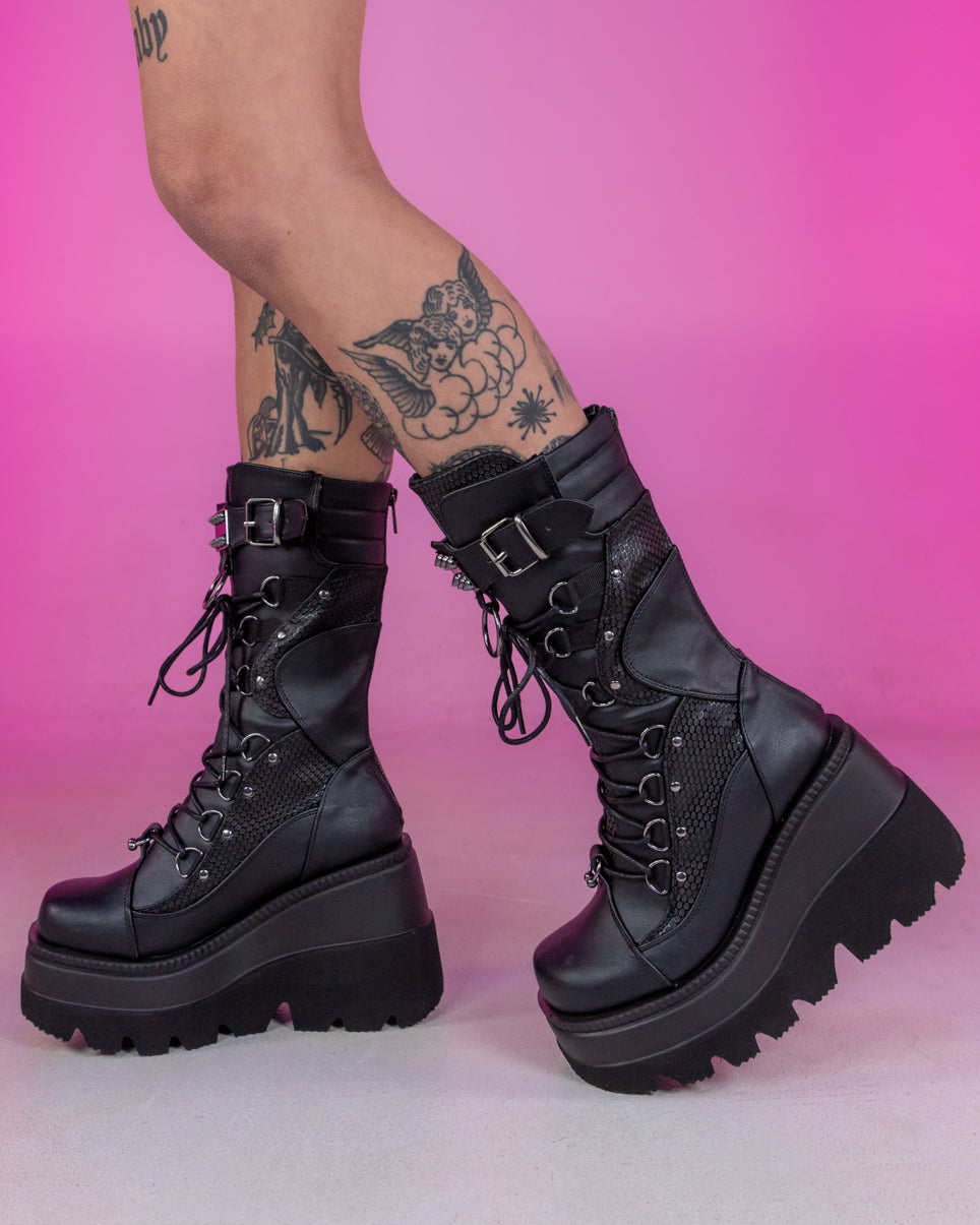 Demonia Shaker Black Lace-Up Mid-Calf Platform Boot – Rave Wonderland