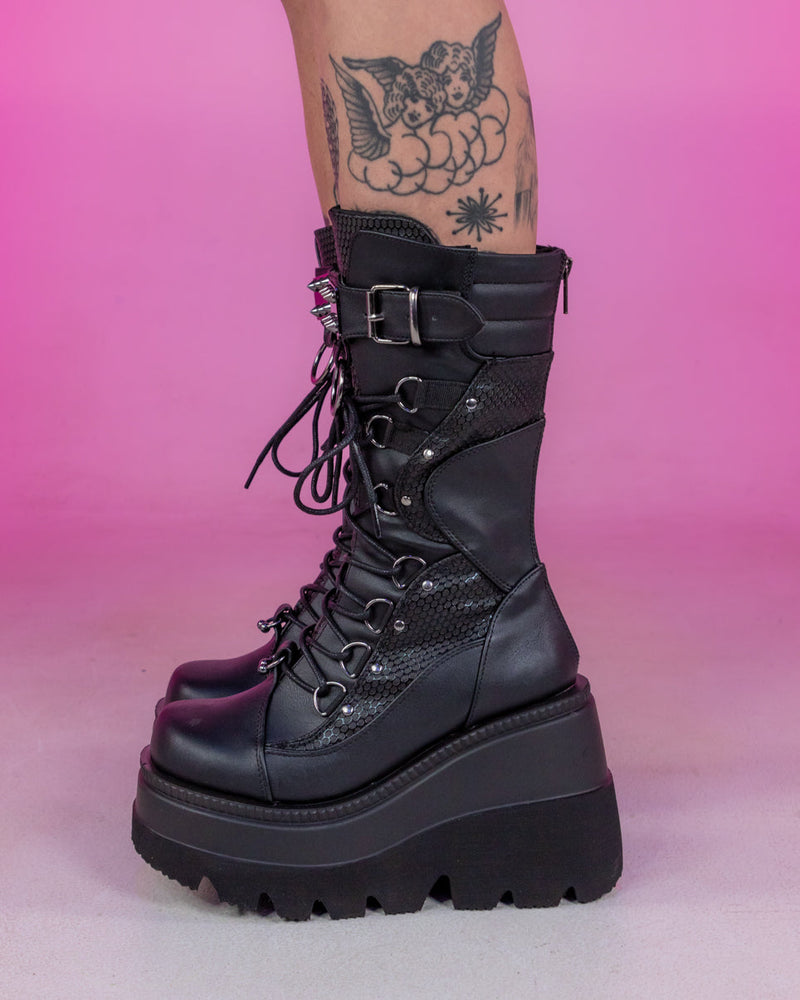 Demonia Shaker Black Lace-Up Mid-Calf Platform Boot – Rave Wonderland