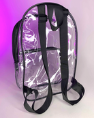 Clear backpack with black shoulder straps, front zip pocket, and adjustable chest strap
