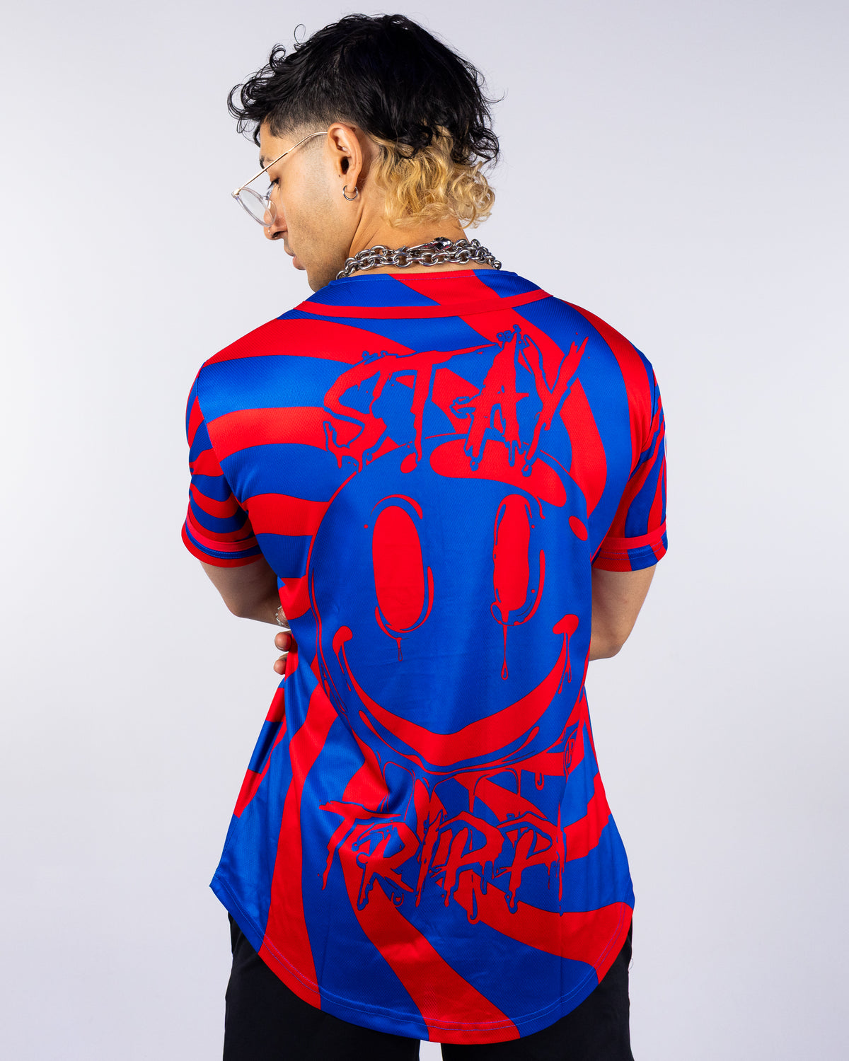 Swirl Stay Trippy Men's Red/Blue Baseball Jersey