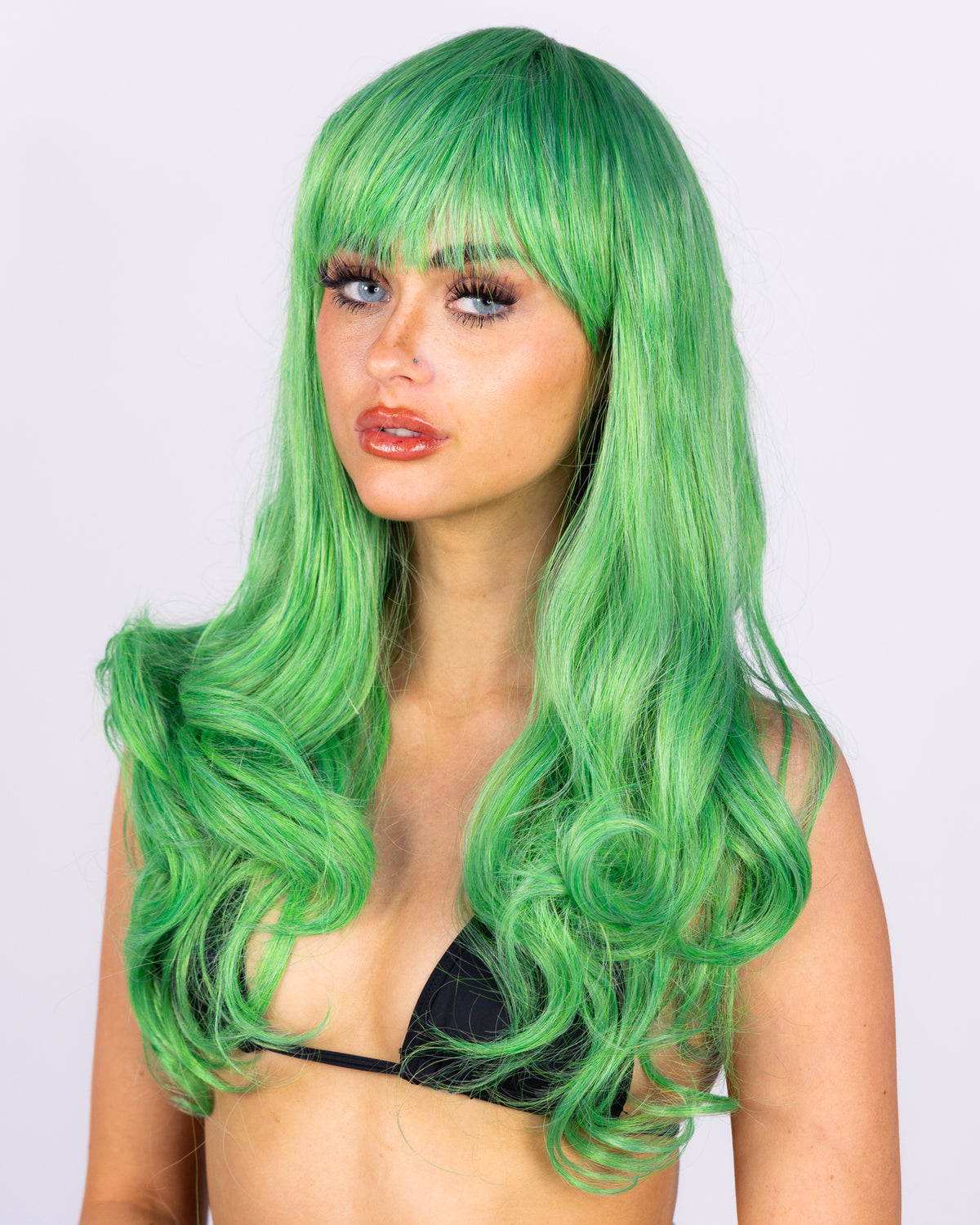 24" Women's Green Wavy Wig with Bangs