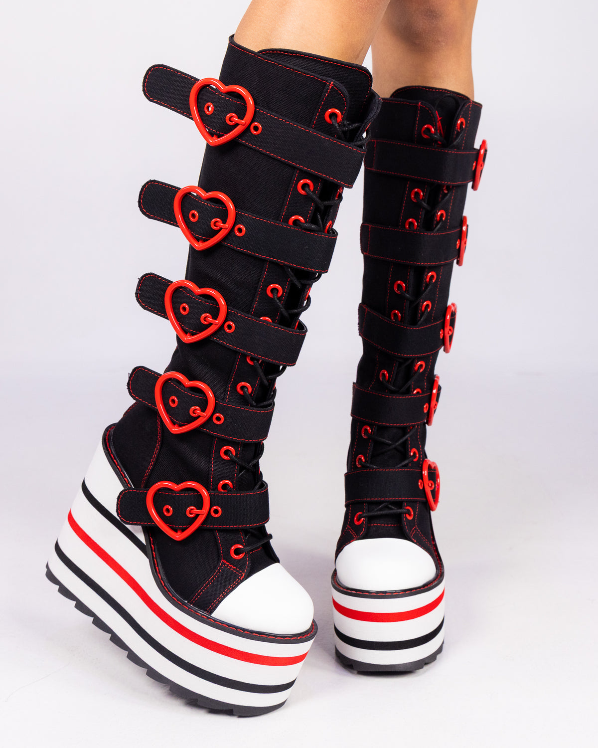 YRU Detention Hearts Black/Red Platform Boots