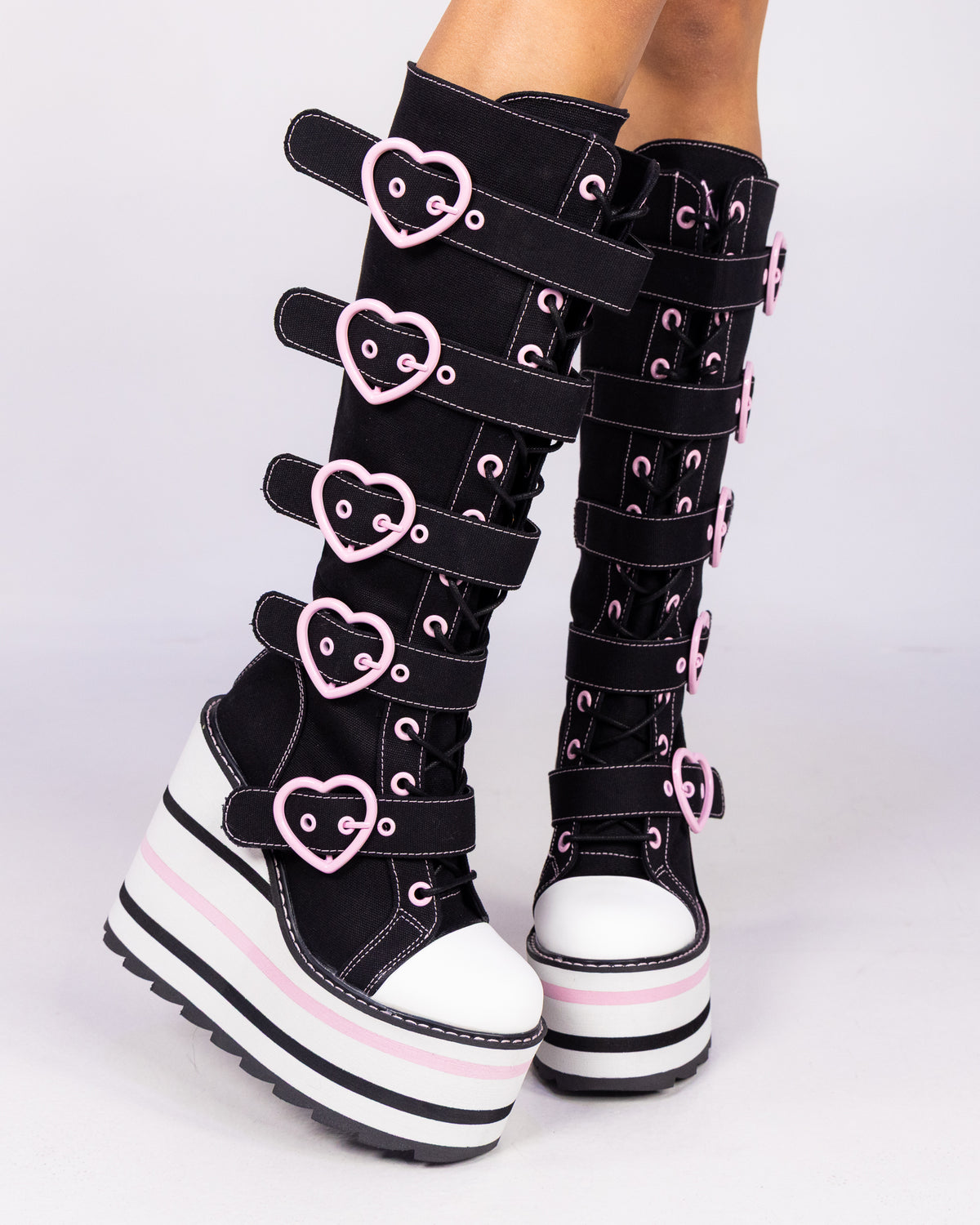 YRU Detention Hearts Black/Pink Platform Boots
