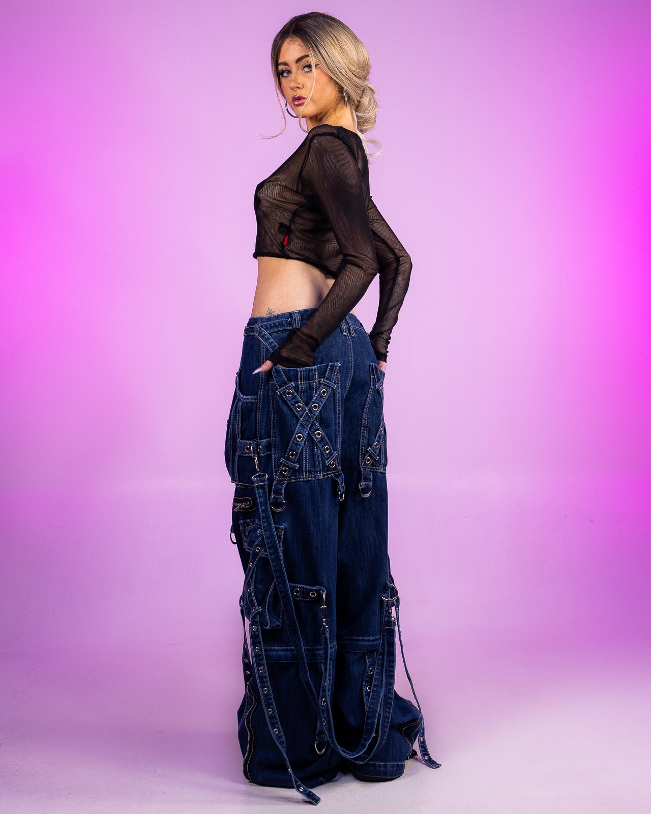 Tripp NYC Blue Denim X-Strap Pants for Unique Style – Rave Wonderland