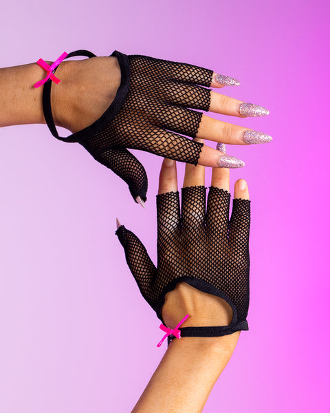 Pink Void Gloves - Fishnet Fingerless Style with Bows – Rave