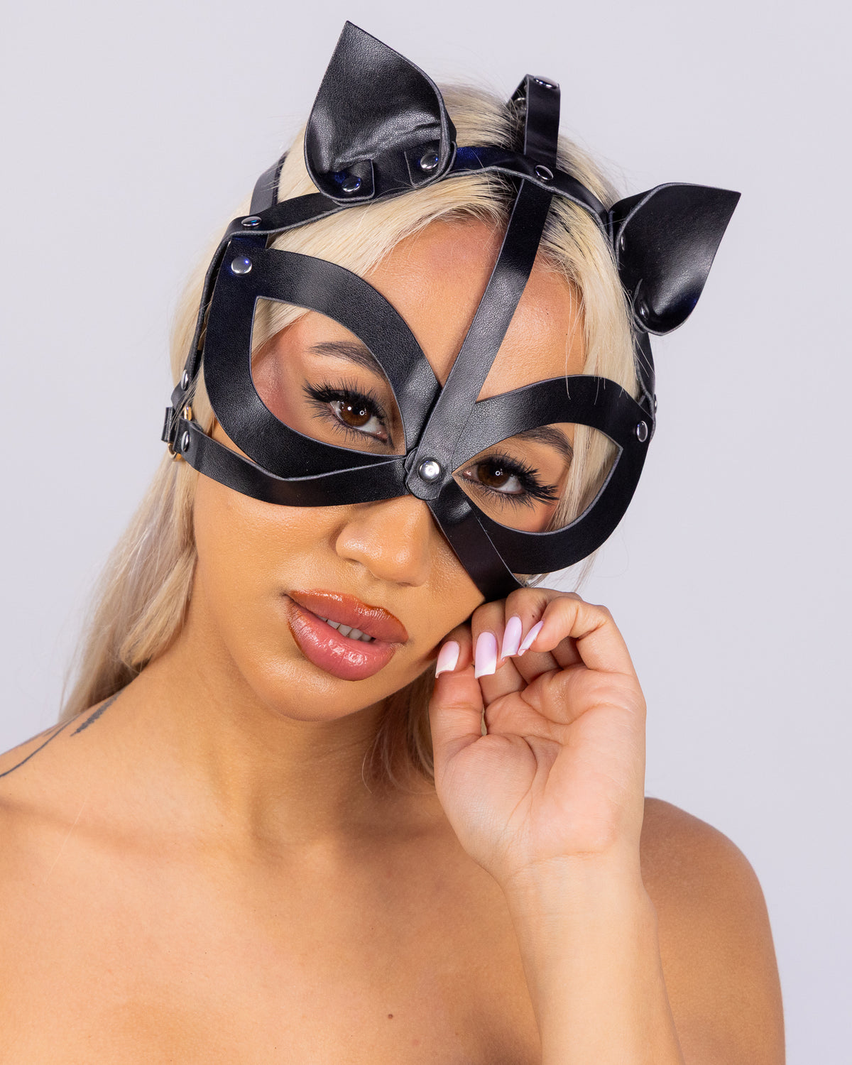 Studded Cat Unisex Black Faux Leather Mask