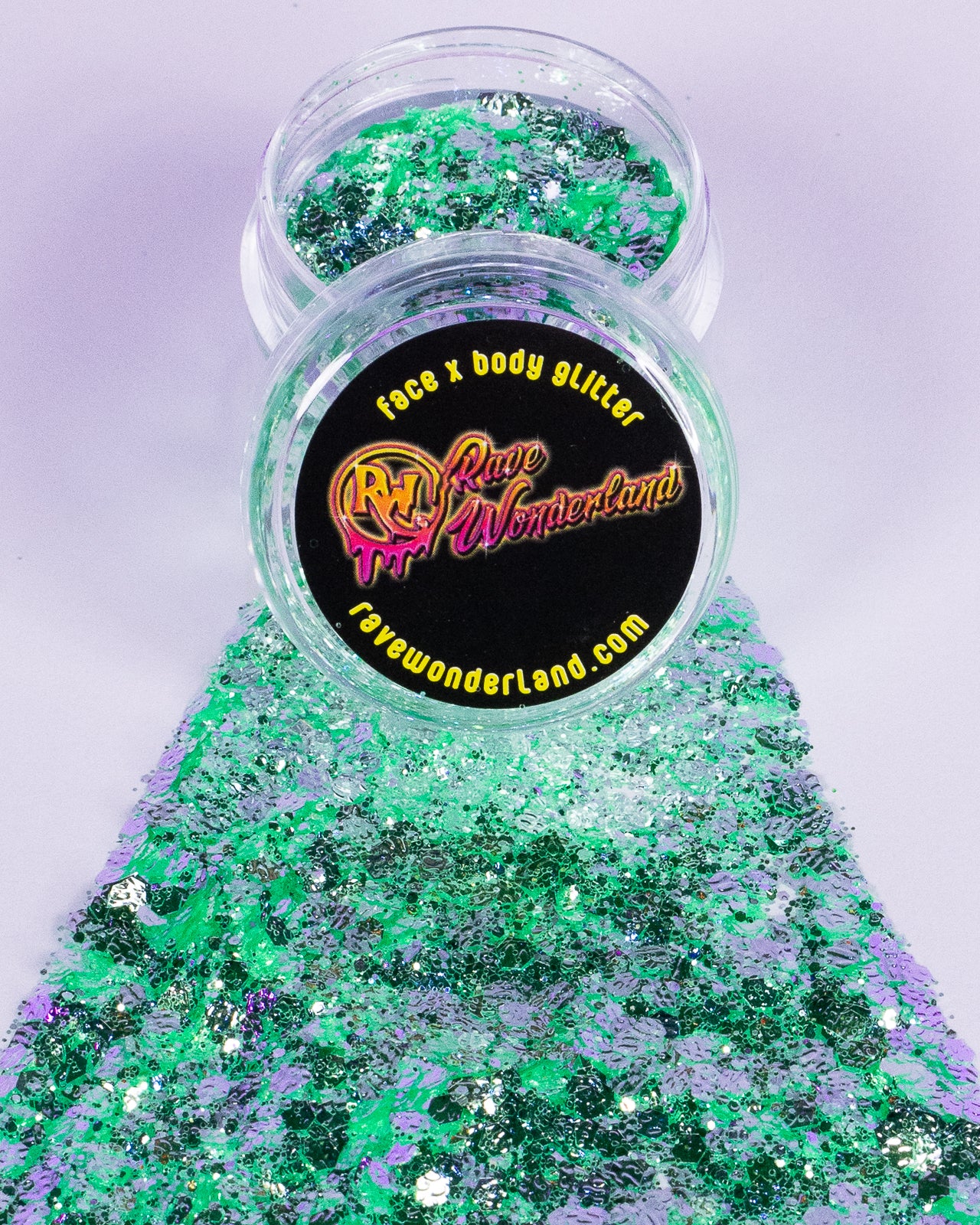 Lucky clover holographic glitter, green-blue shimmer in clear plastic jar