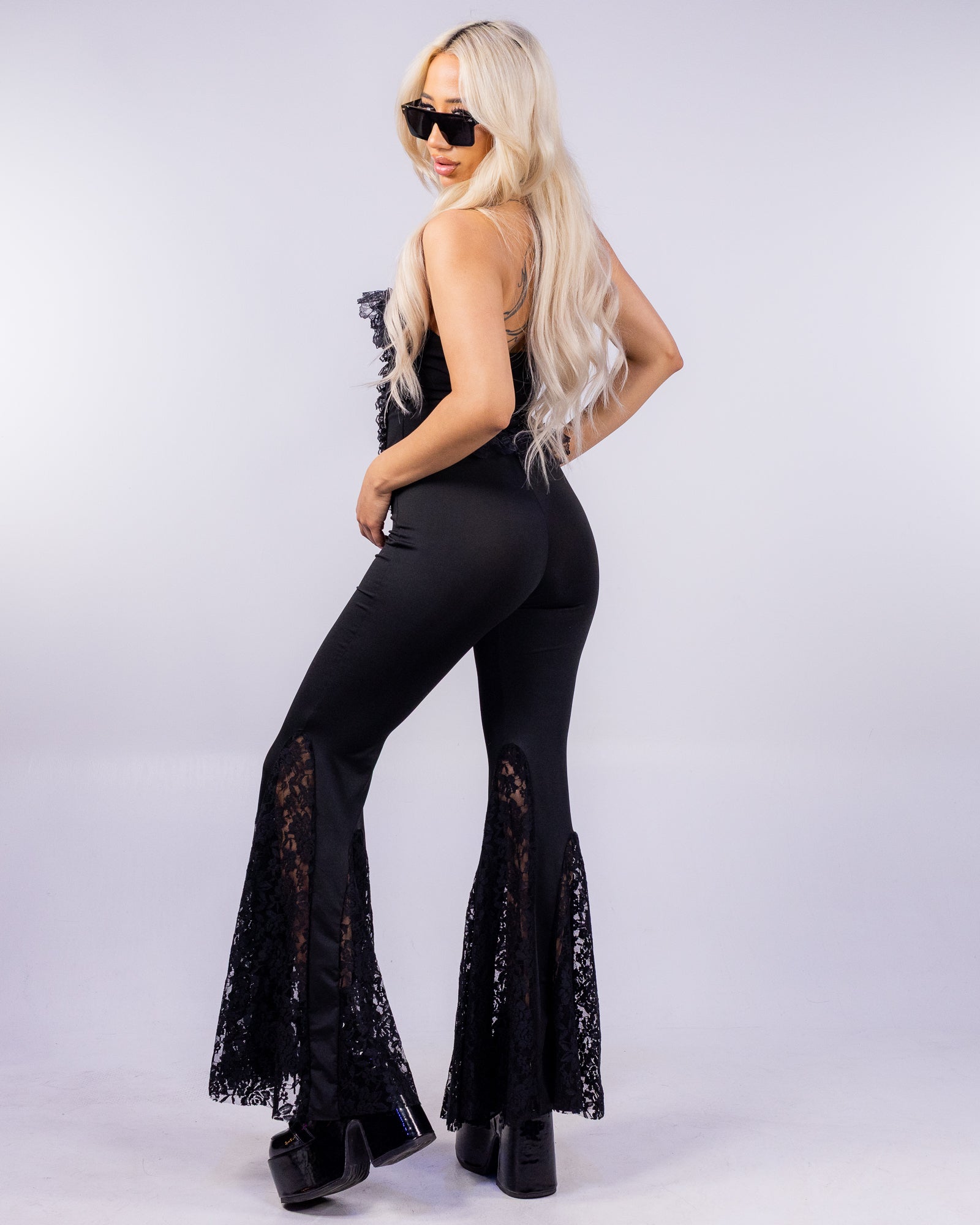【PELLICULE】lacy belle bottom pants Black Torn Front Lace Bell Bottom Pants for Trendy Style – Rave