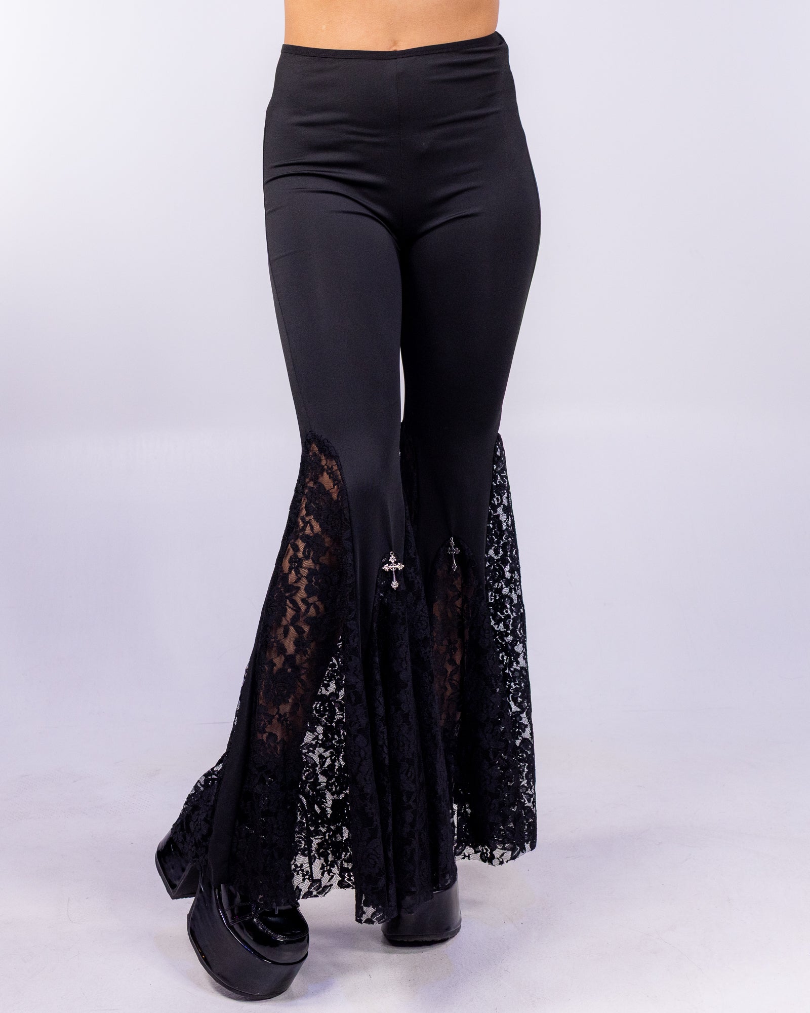 【PELLICULE】lacy belle bottom pants Black Torn Front Lace Bell Bottom Pants for Trendy Style – Rave